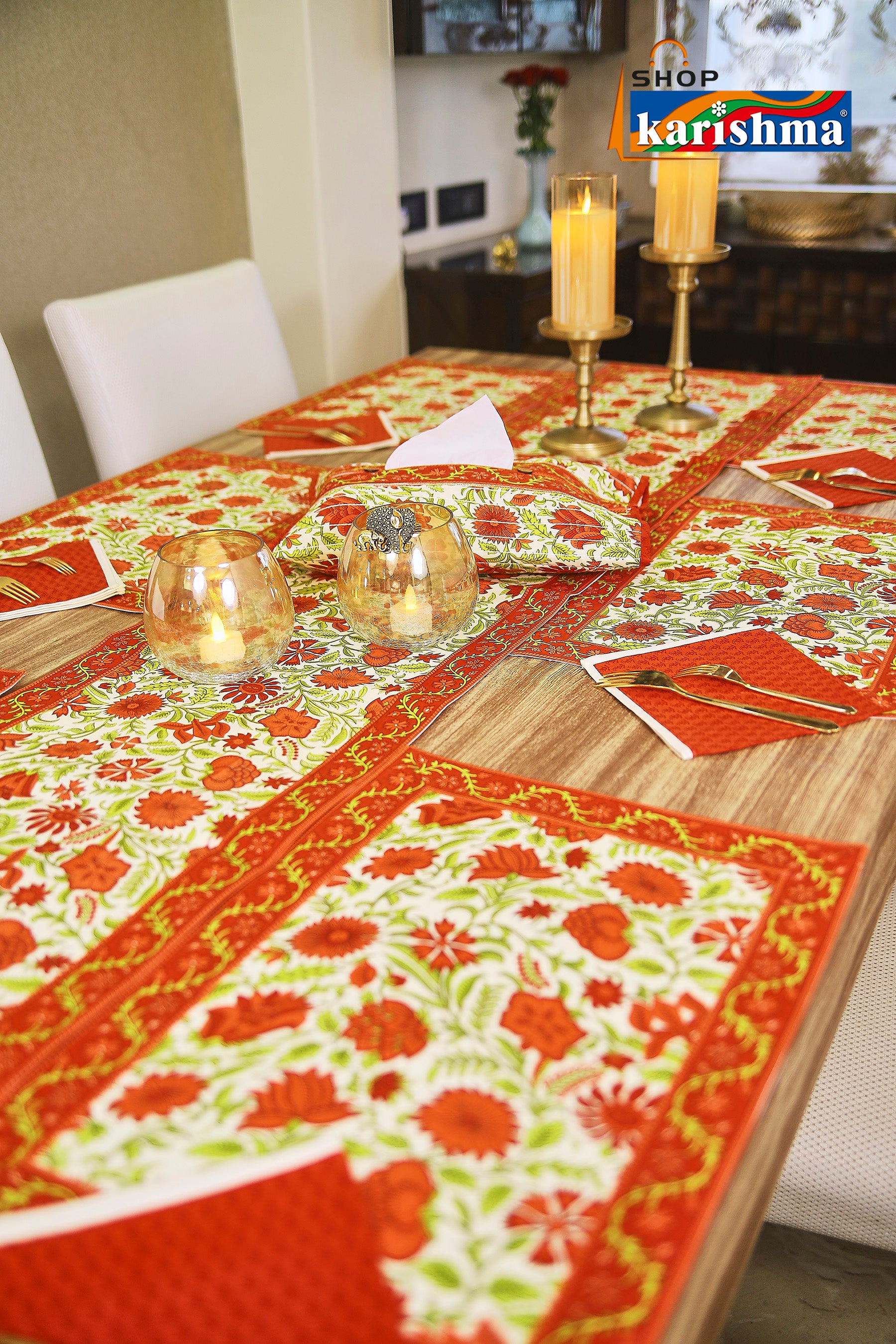 Red & White Floral Block Print Design Pure Cotton Table Linen Set