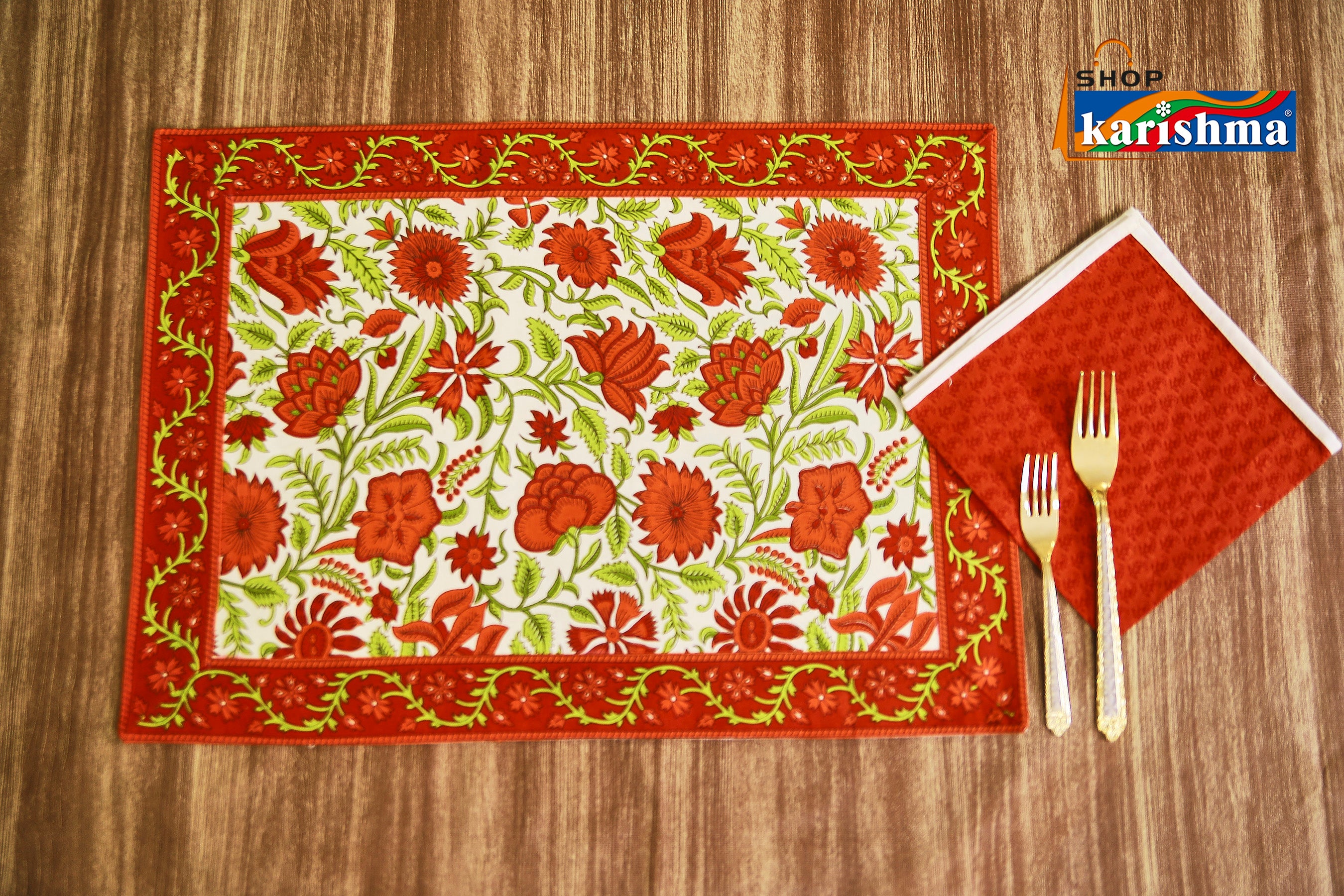 Red & White Floral Block Print Design Pure Cotton Table Linen Set