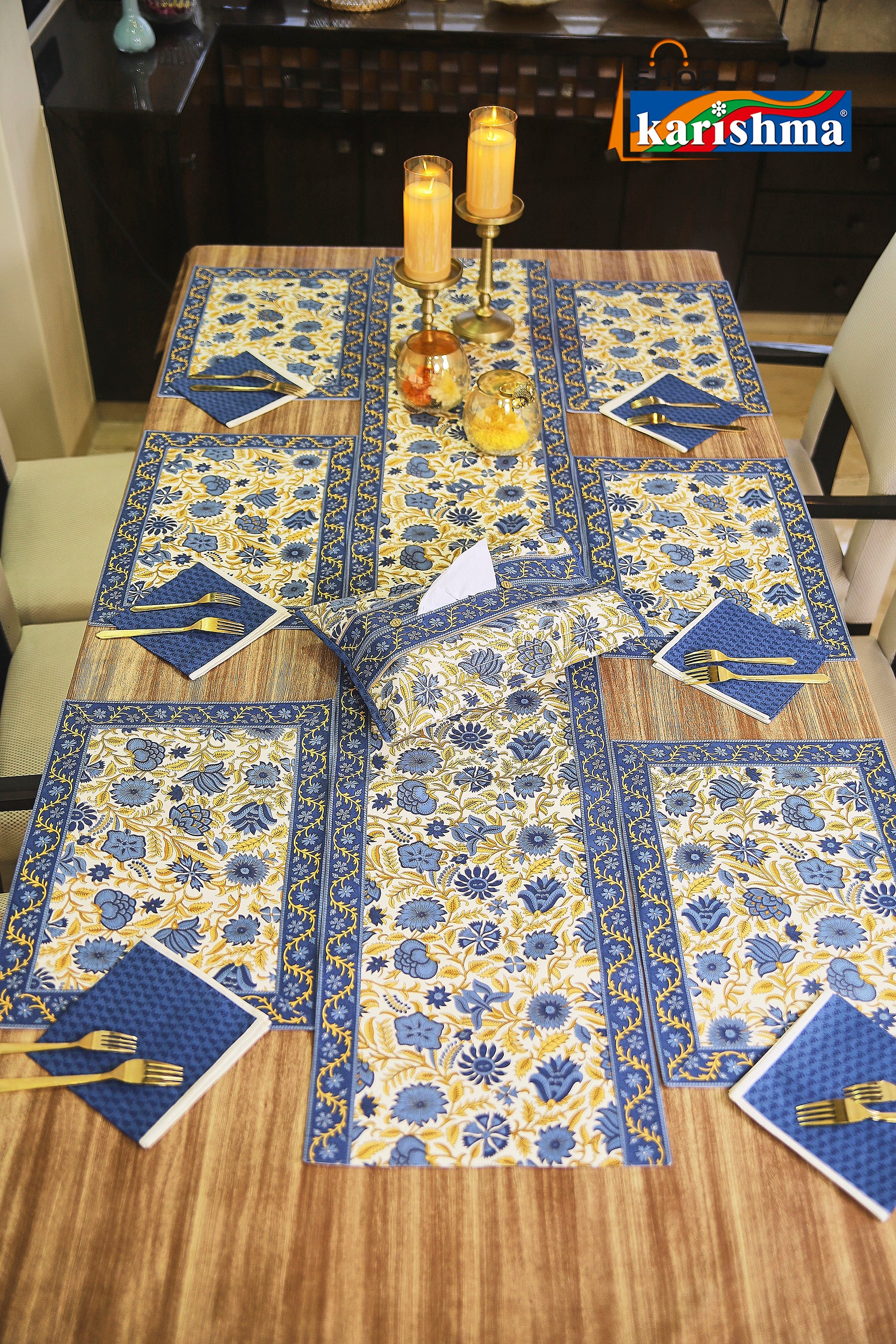 Blue & White Floral Block Print Design Pure Cotton Table Linen Set