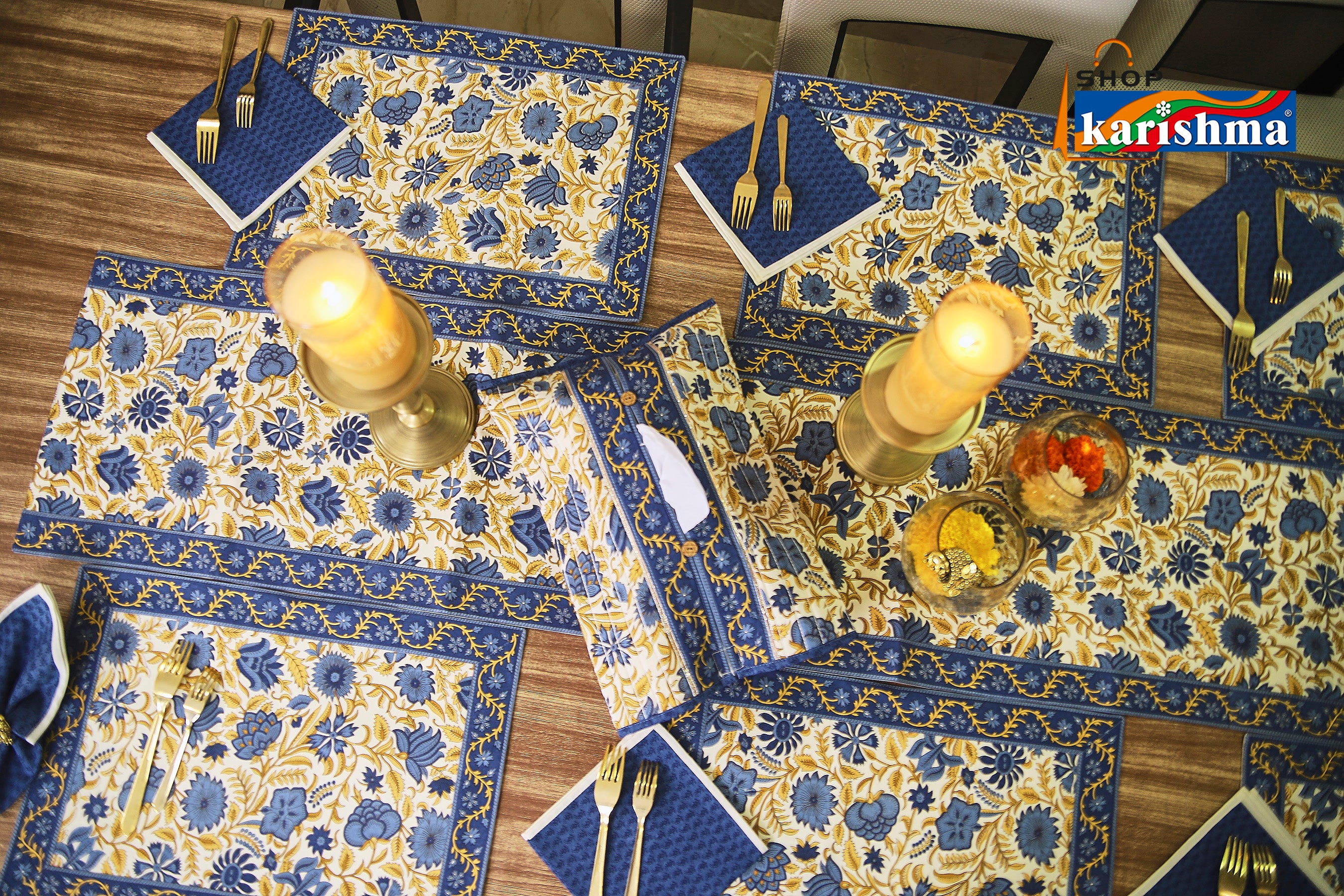 Blue & White Floral Block Print Design Pure Cotton Table Linen Set