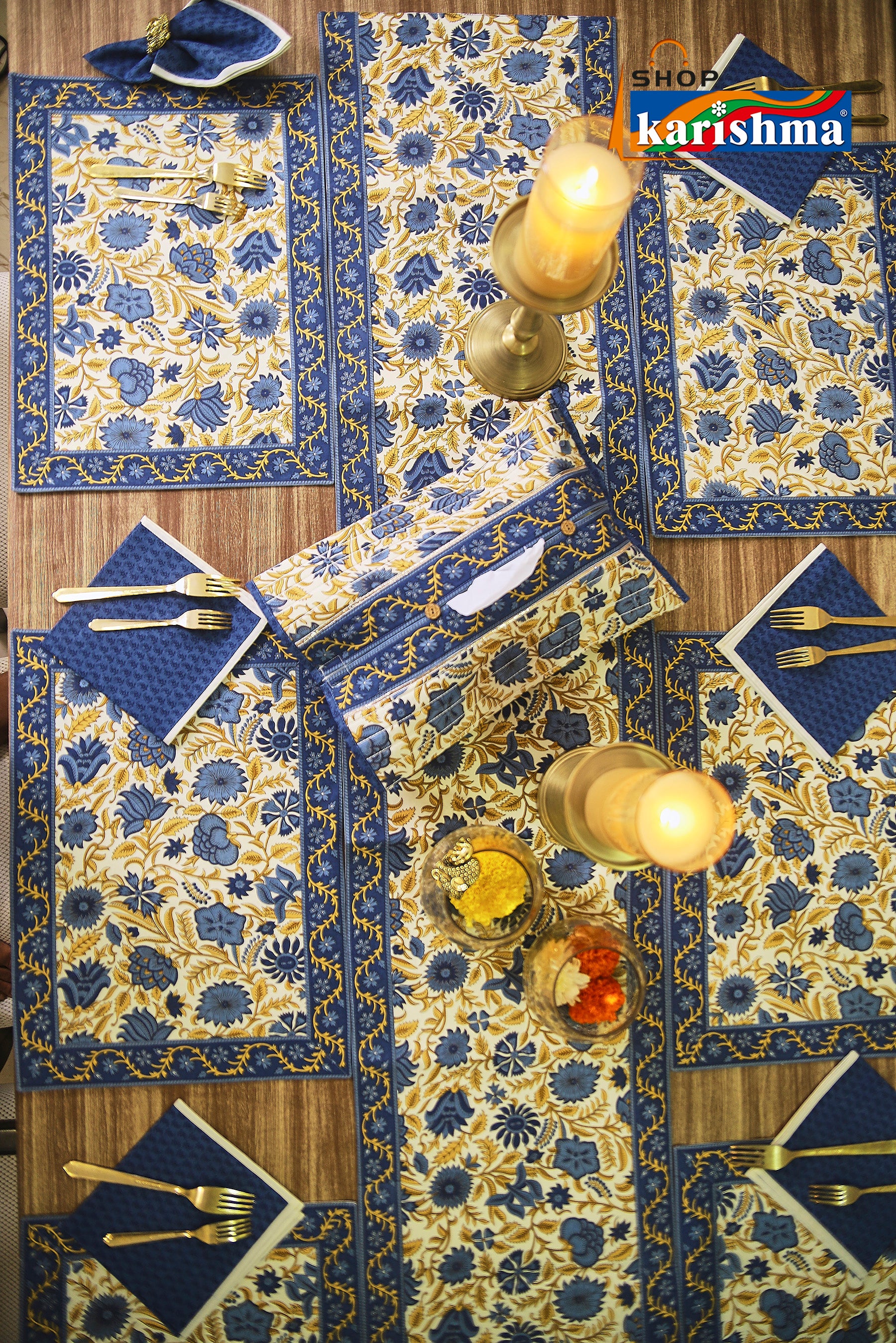 Blue & White Floral Block Print Design Pure Cotton Table Linen Set