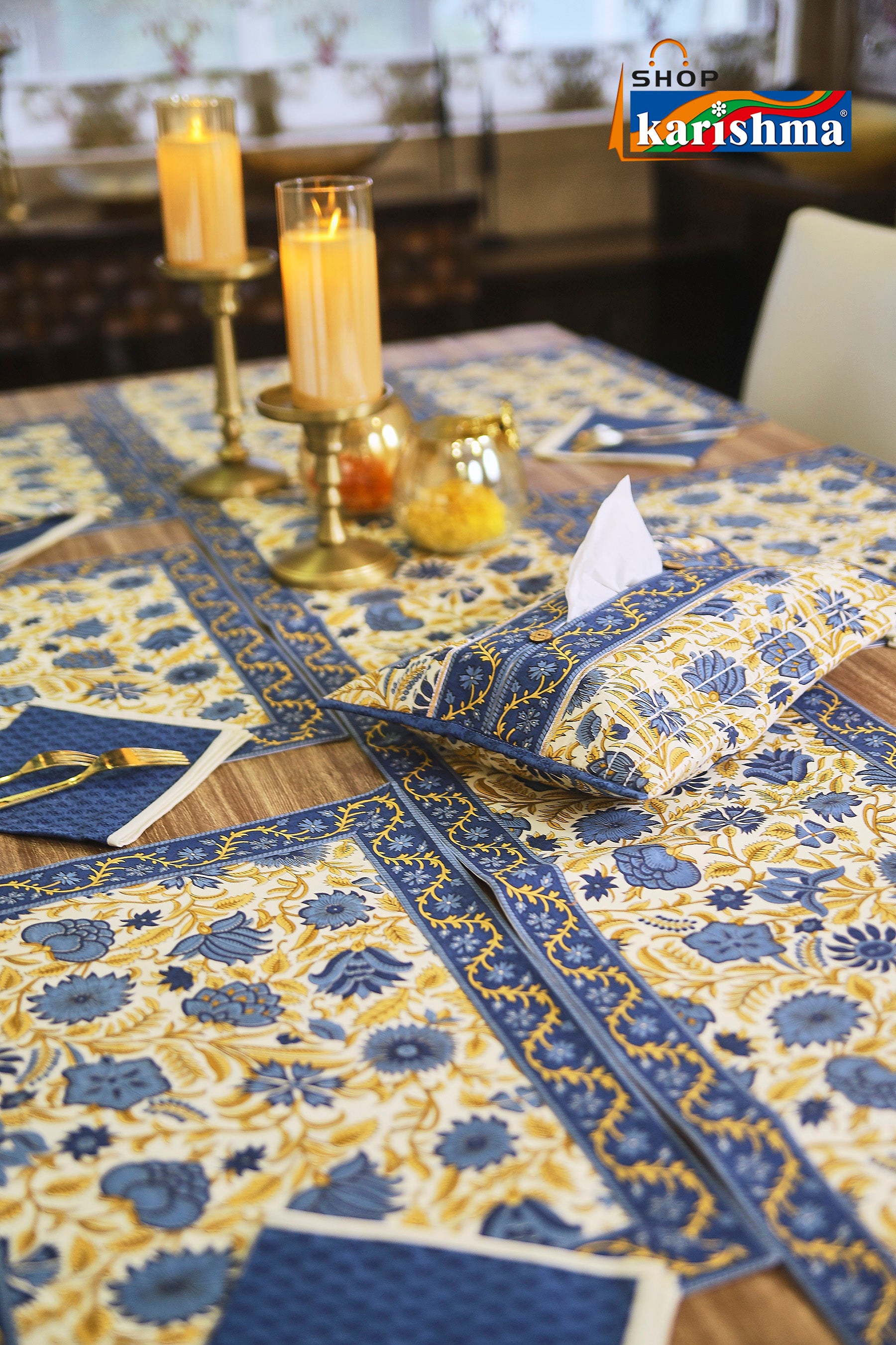 Blue & White Floral Block Print Design Pure Cotton Table Linen Set