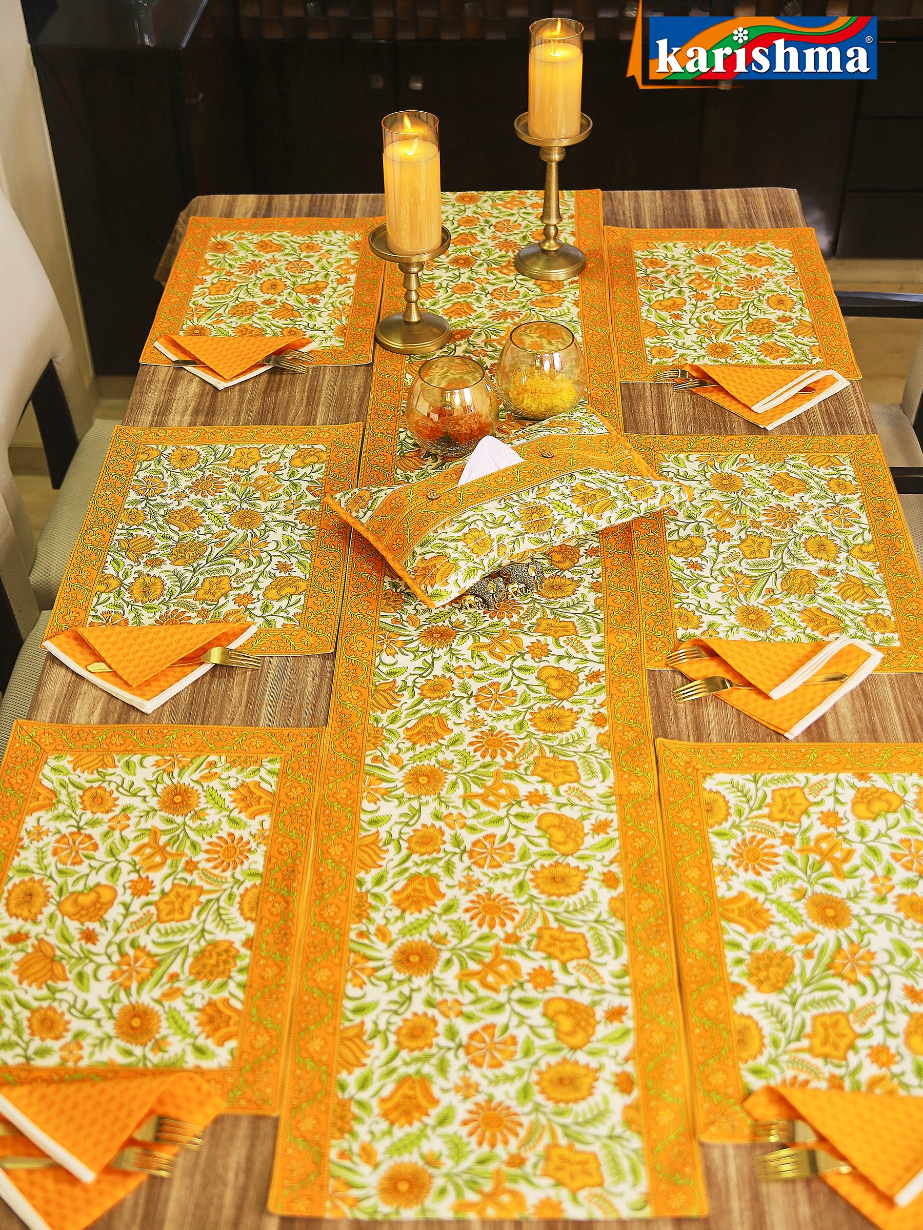 Yellow & White Floral Block Print Design Pure Cotton Table Linen Set