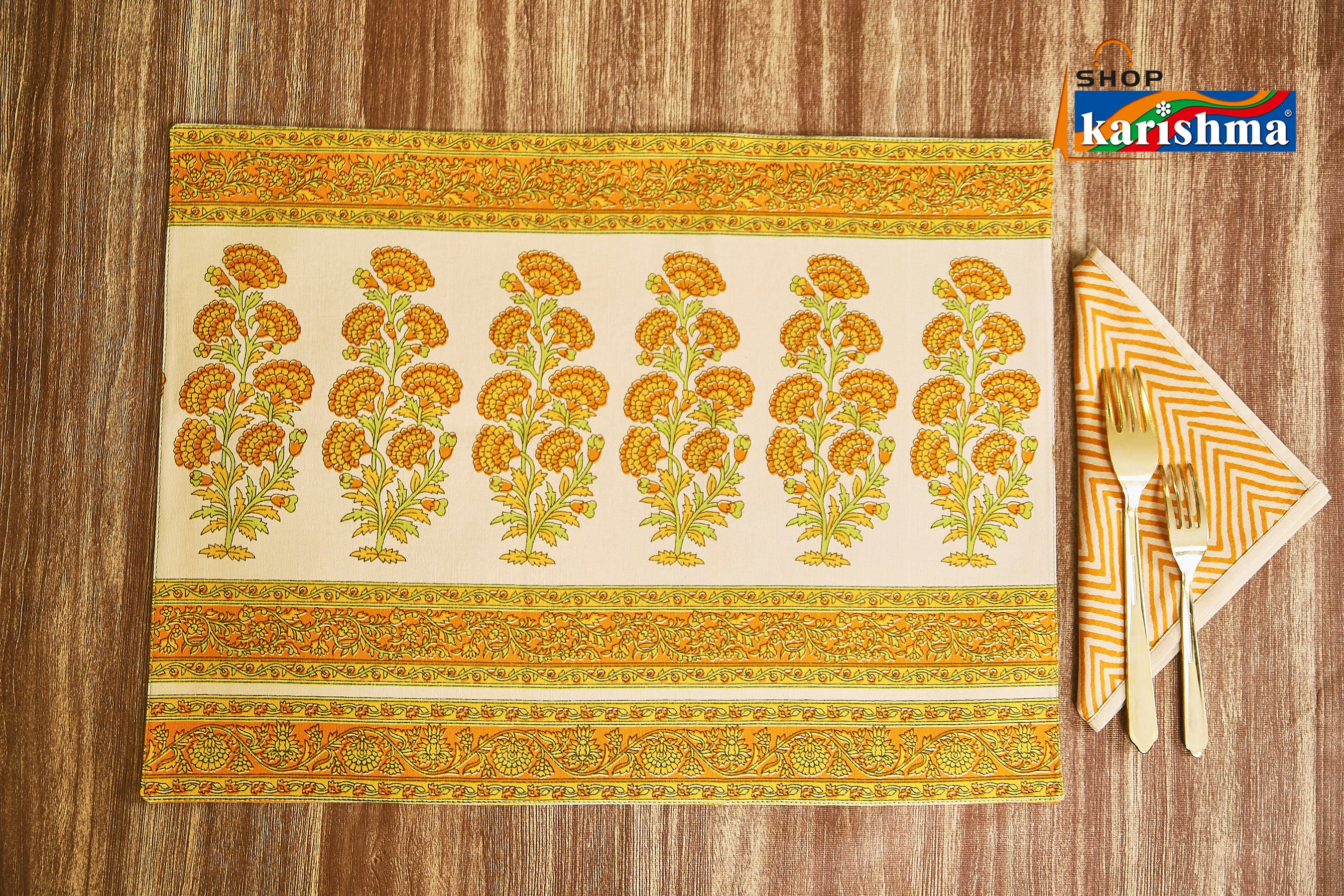 Yellow & Beige Floral Block Print Design Pure Cotton Table Linen Set