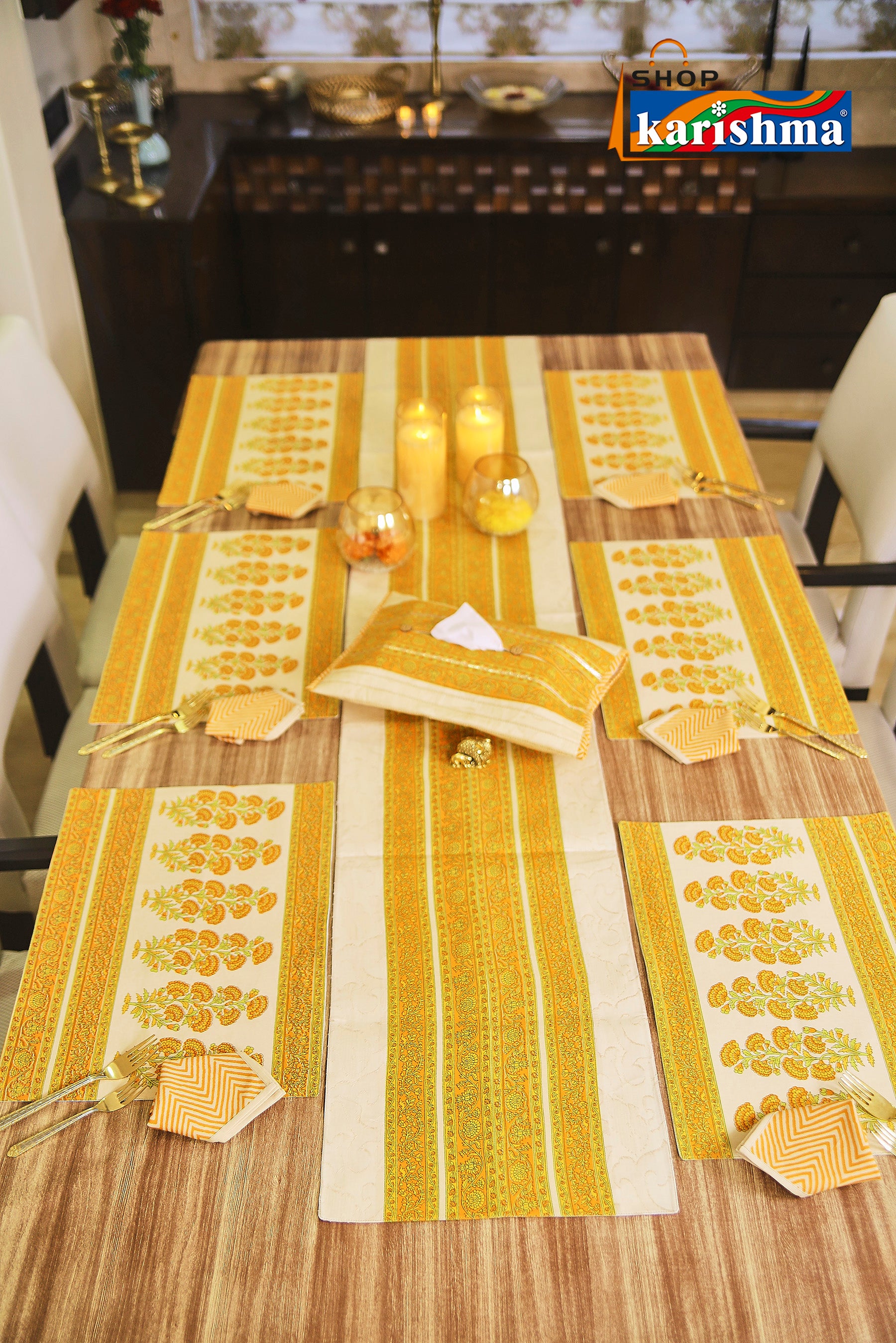 Yellow & Beige Floral Block Print Design Pure Cotton Table Linen Set