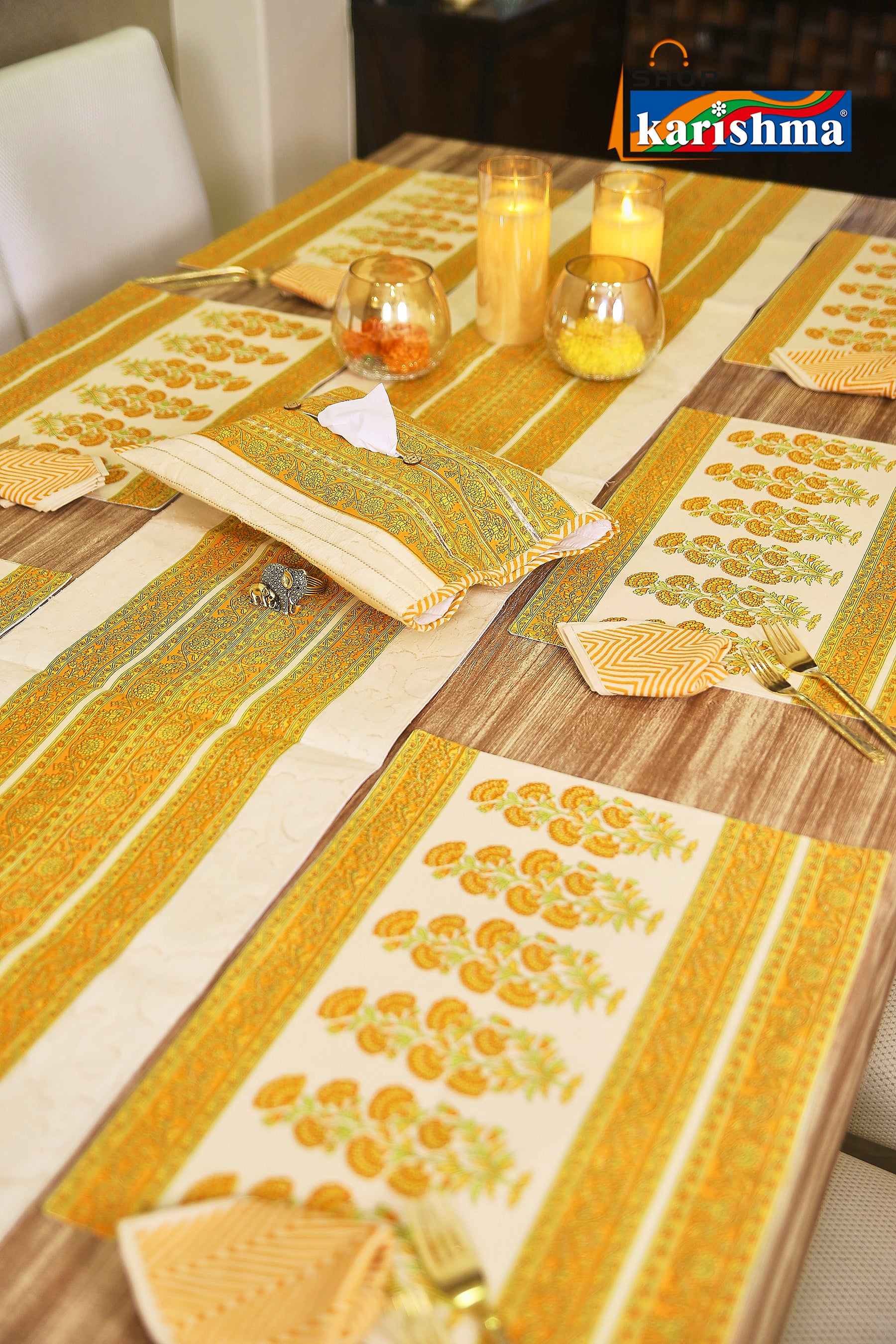 Yellow & Beige Floral Block Print Design Pure Cotton Table Linen Set