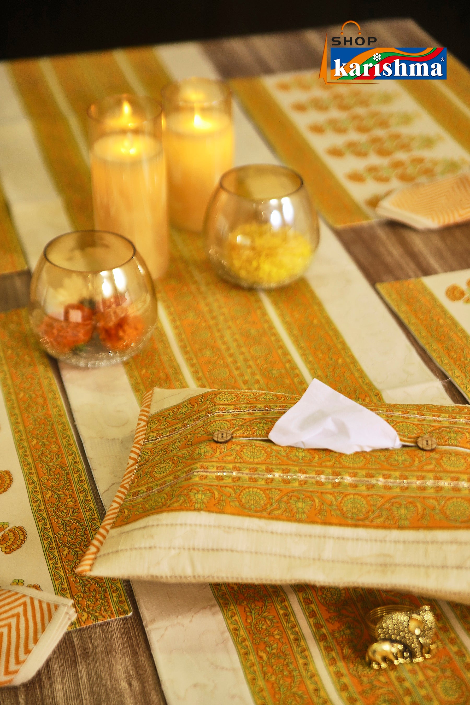 Yellow & Beige Floral Block Print Design Pure Cotton Table Linen Set