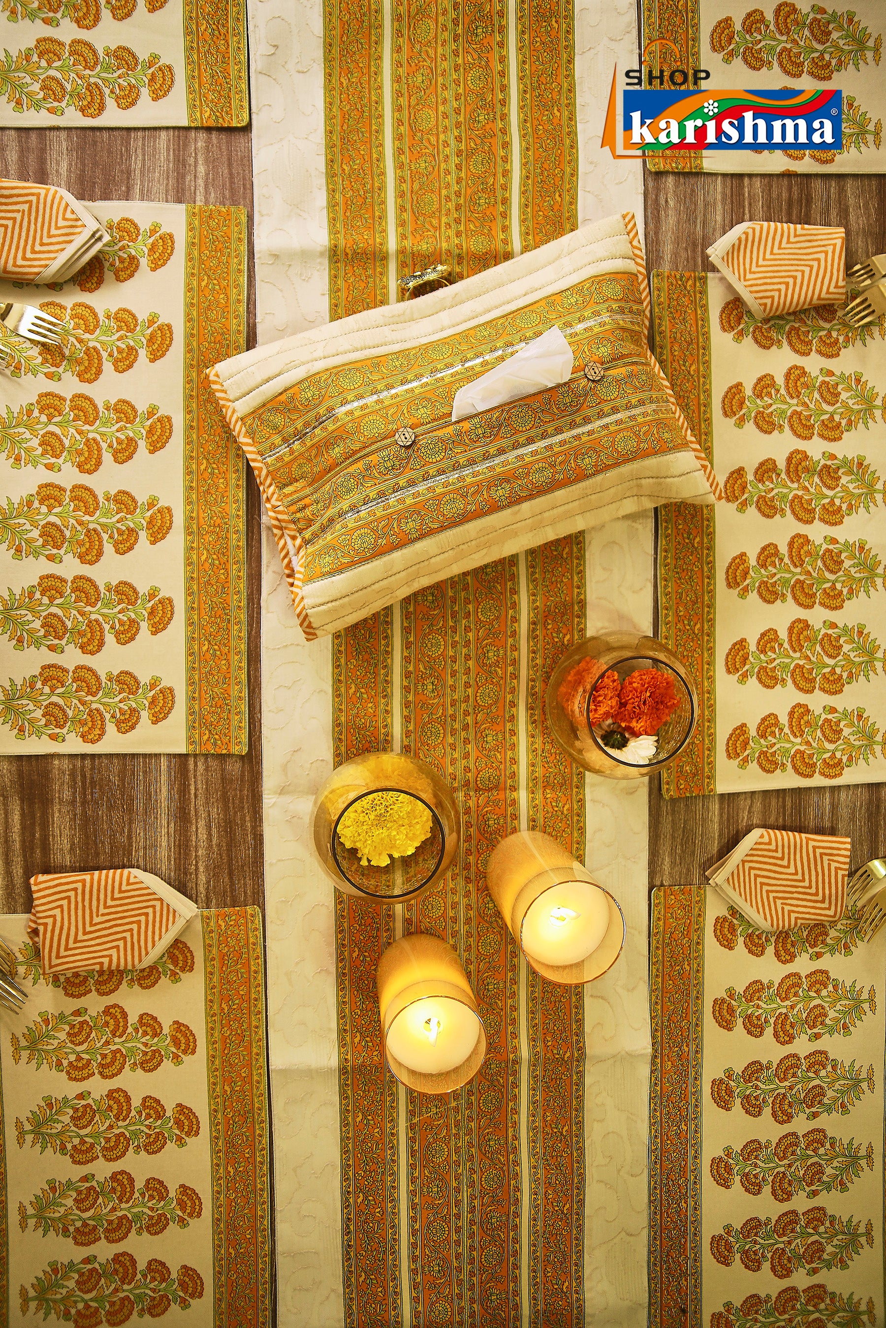 Yellow & Beige Floral Block Print Design Pure Cotton Table Linen Set