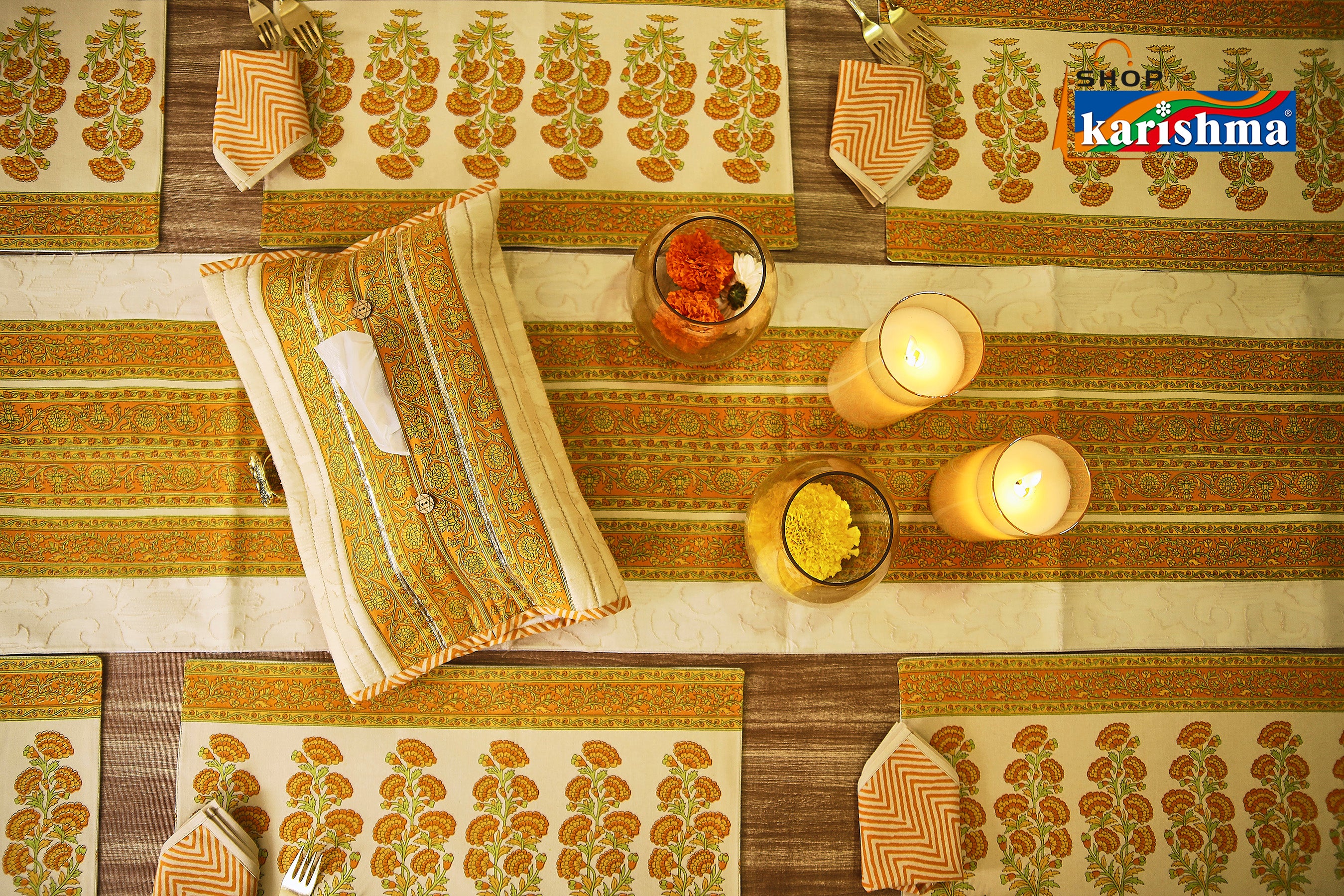 Yellow & Beige Floral Block Print Design Pure Cotton Table Linen Set