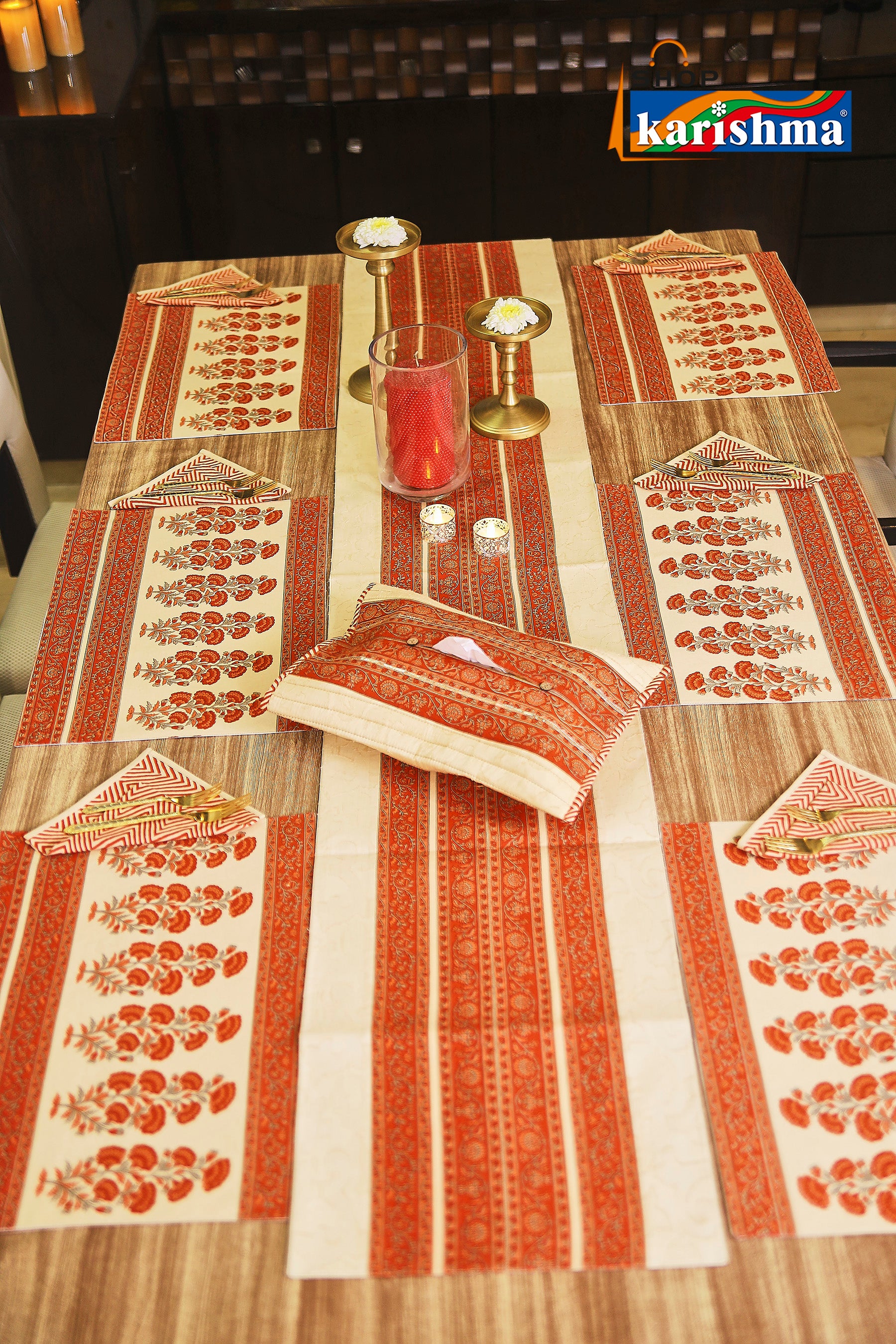 Red & Beige Floral Block Print Design Pure Cotton Table Linen Set