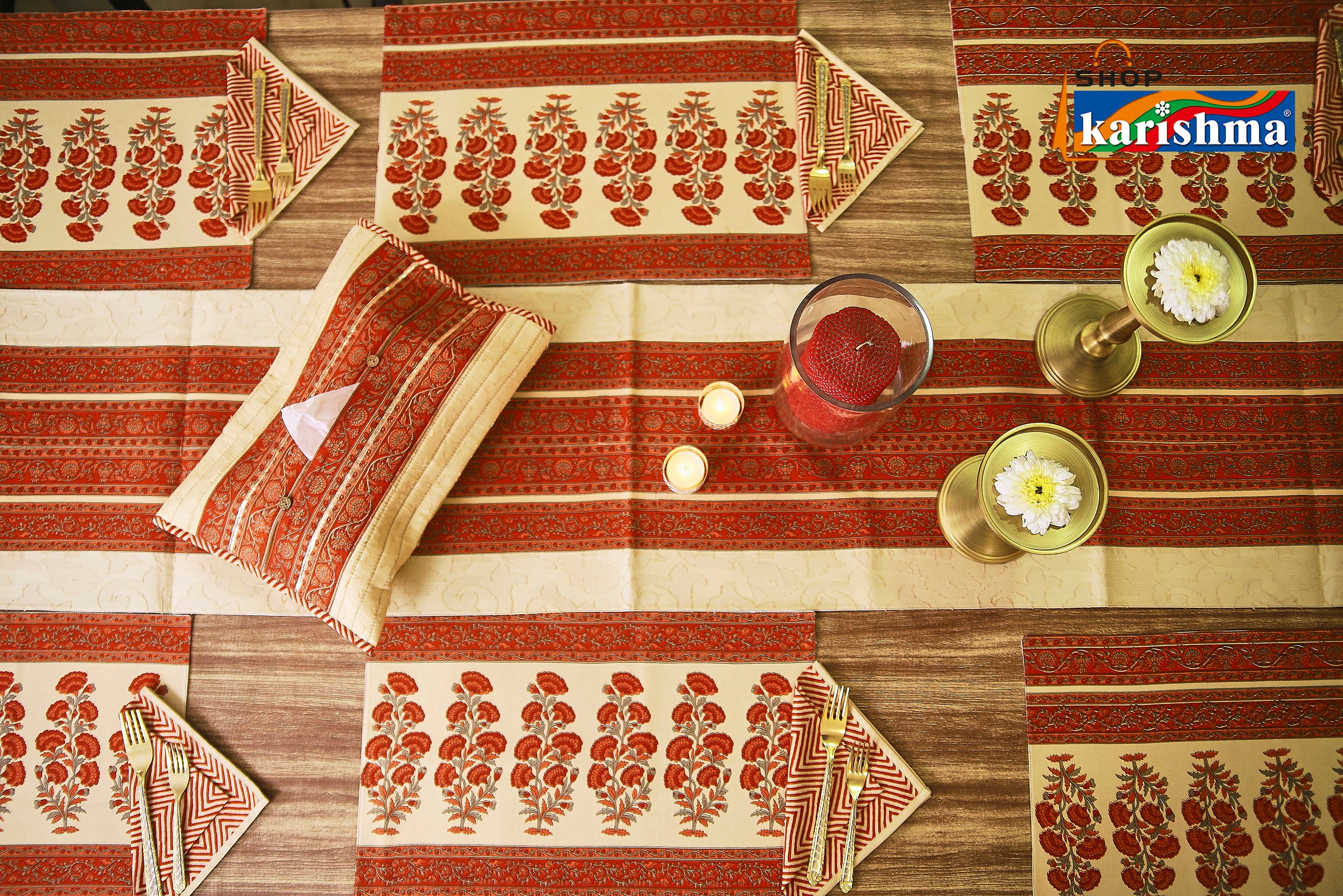 Red & Beige Floral Block Print Design Pure Cotton Table Linen Set