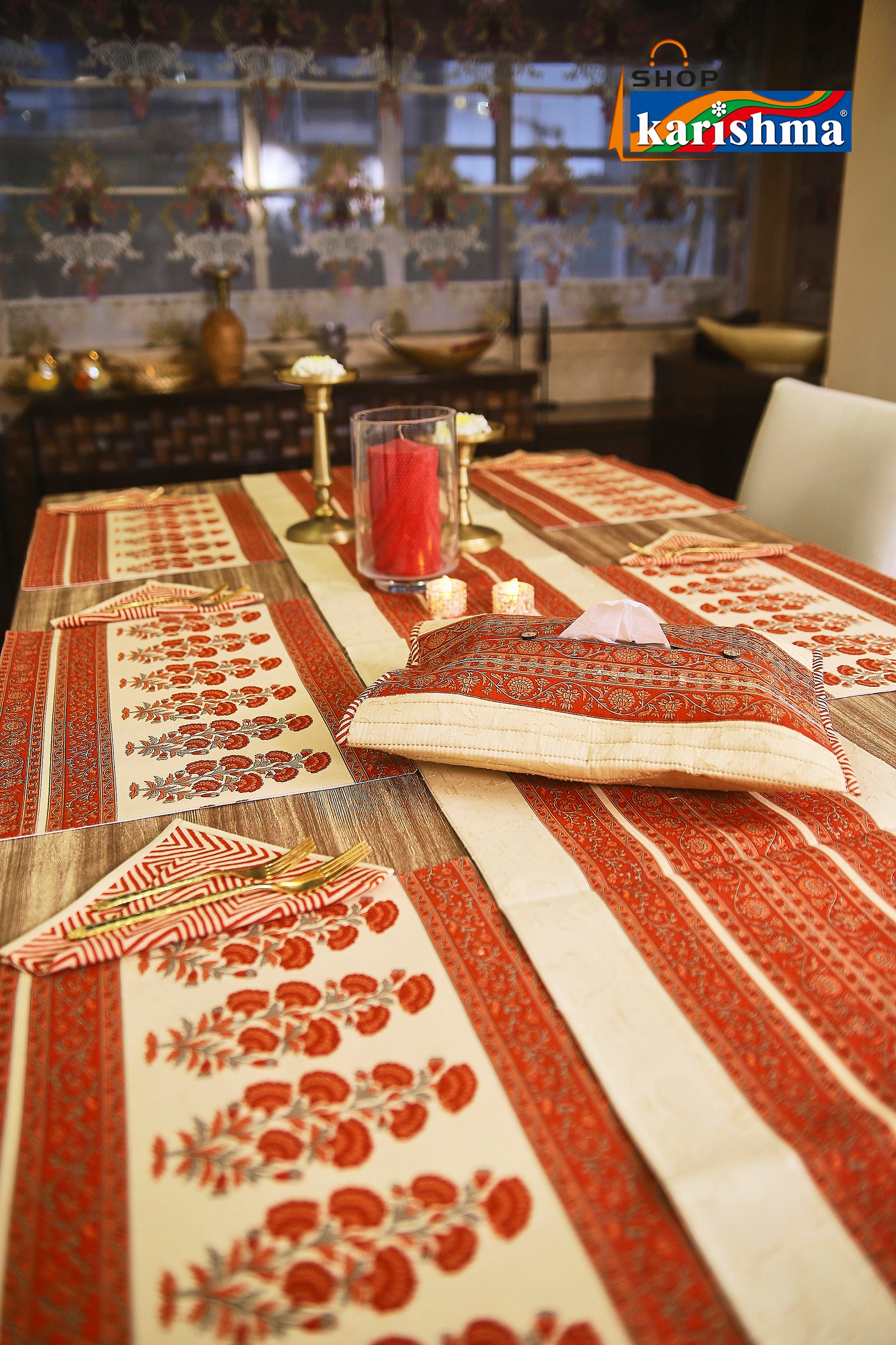 Red & Beige Floral Block Print Design Pure Cotton Table Linen Set