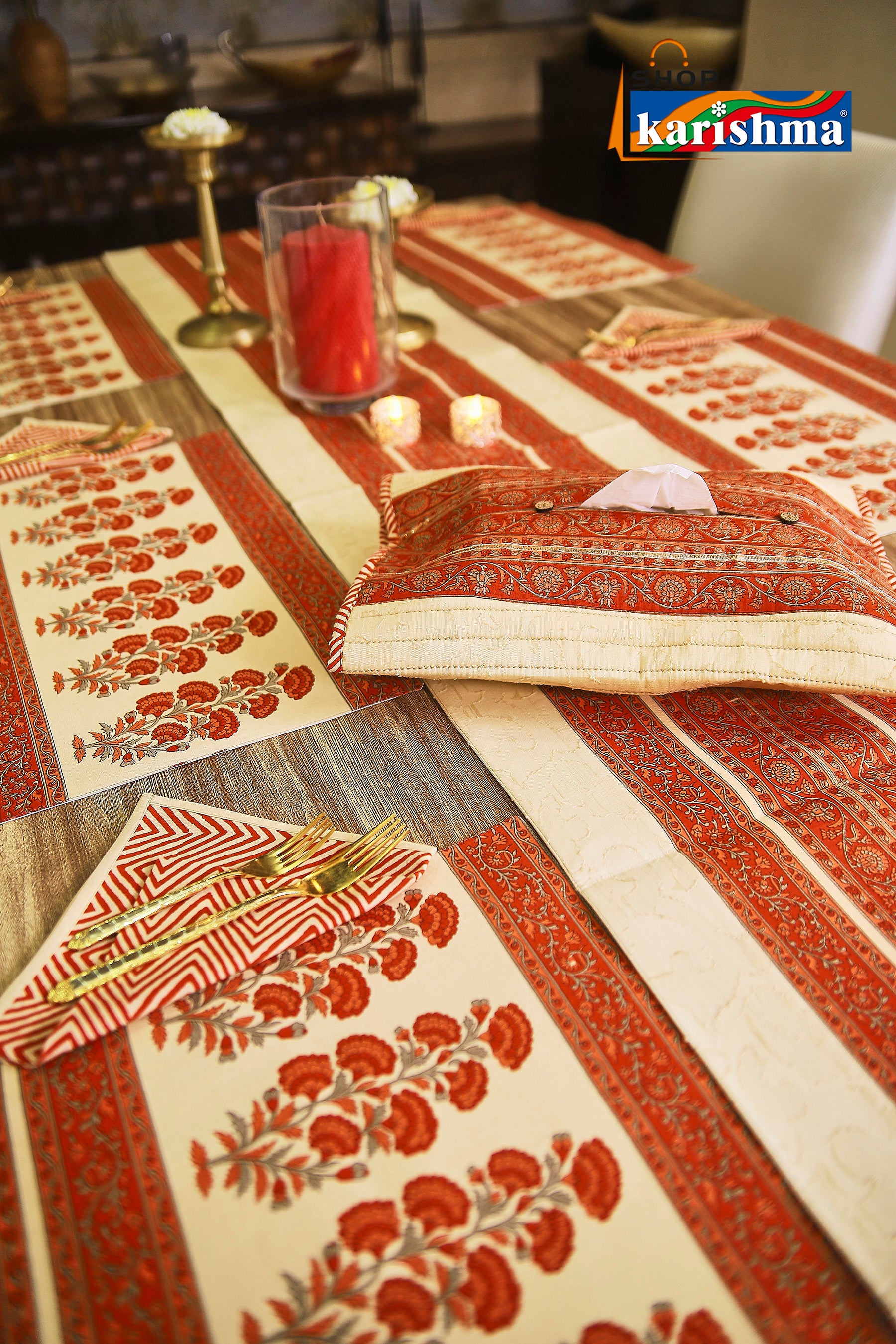 Red & Beige Floral Block Print Design Pure Cotton Table Linen Set