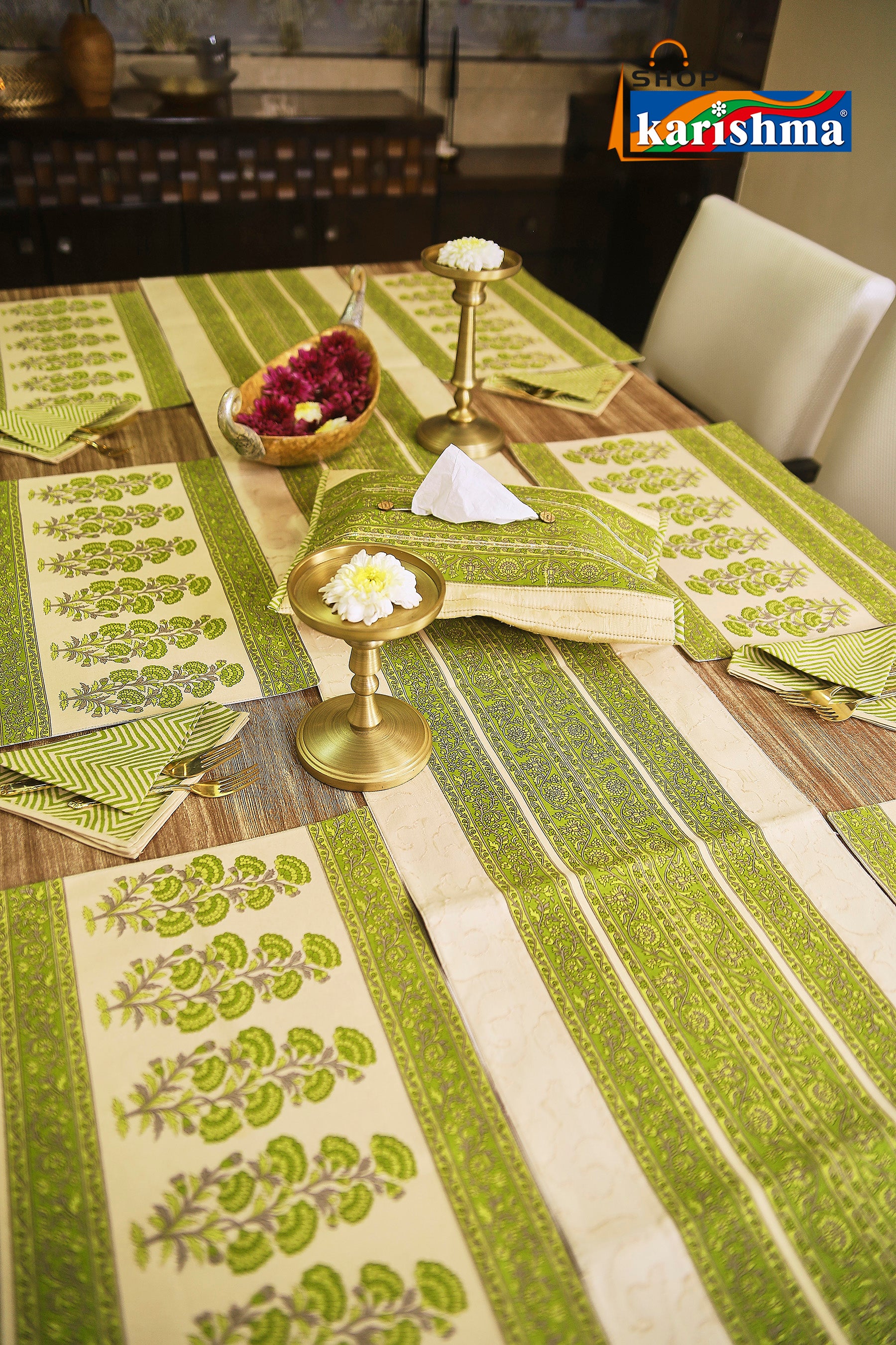 Green & Beige Floral Block Print Design Pure Cotton Table Linen Set