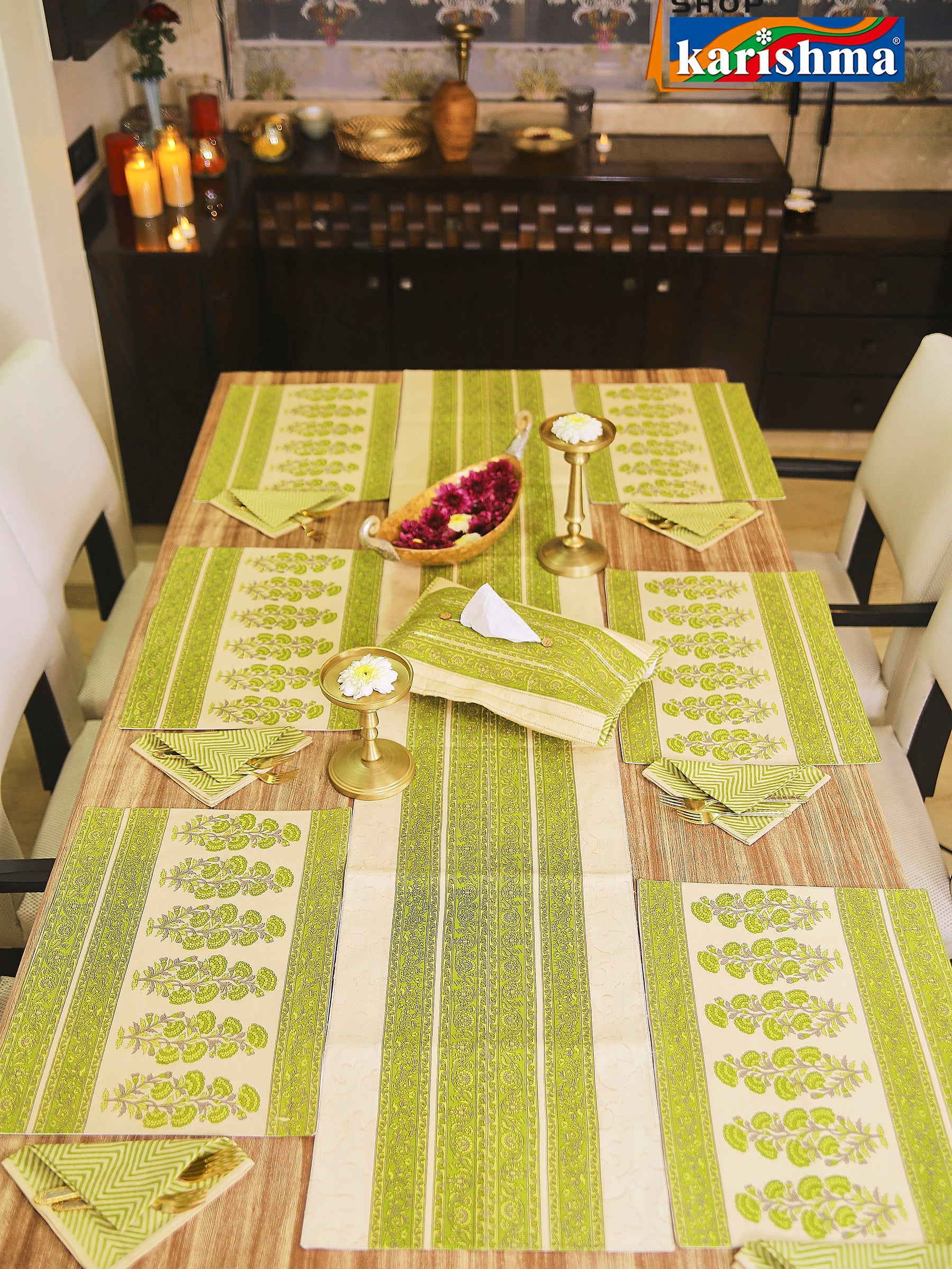 Green & Beige Floral Block Print Design Pure Cotton Table Linen Set