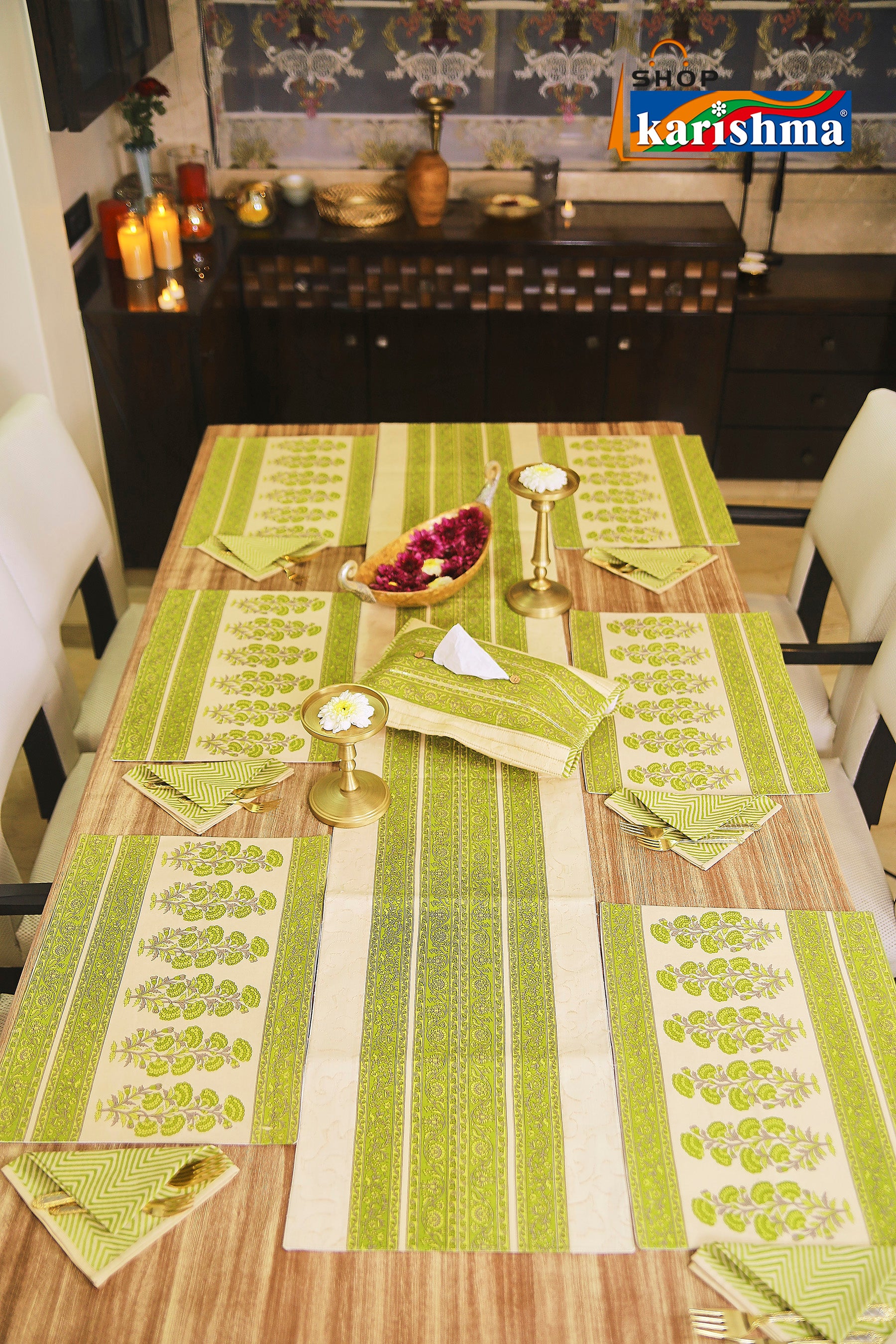 Green & Beige Floral Block Print Design Pure Cotton Table Linen Set