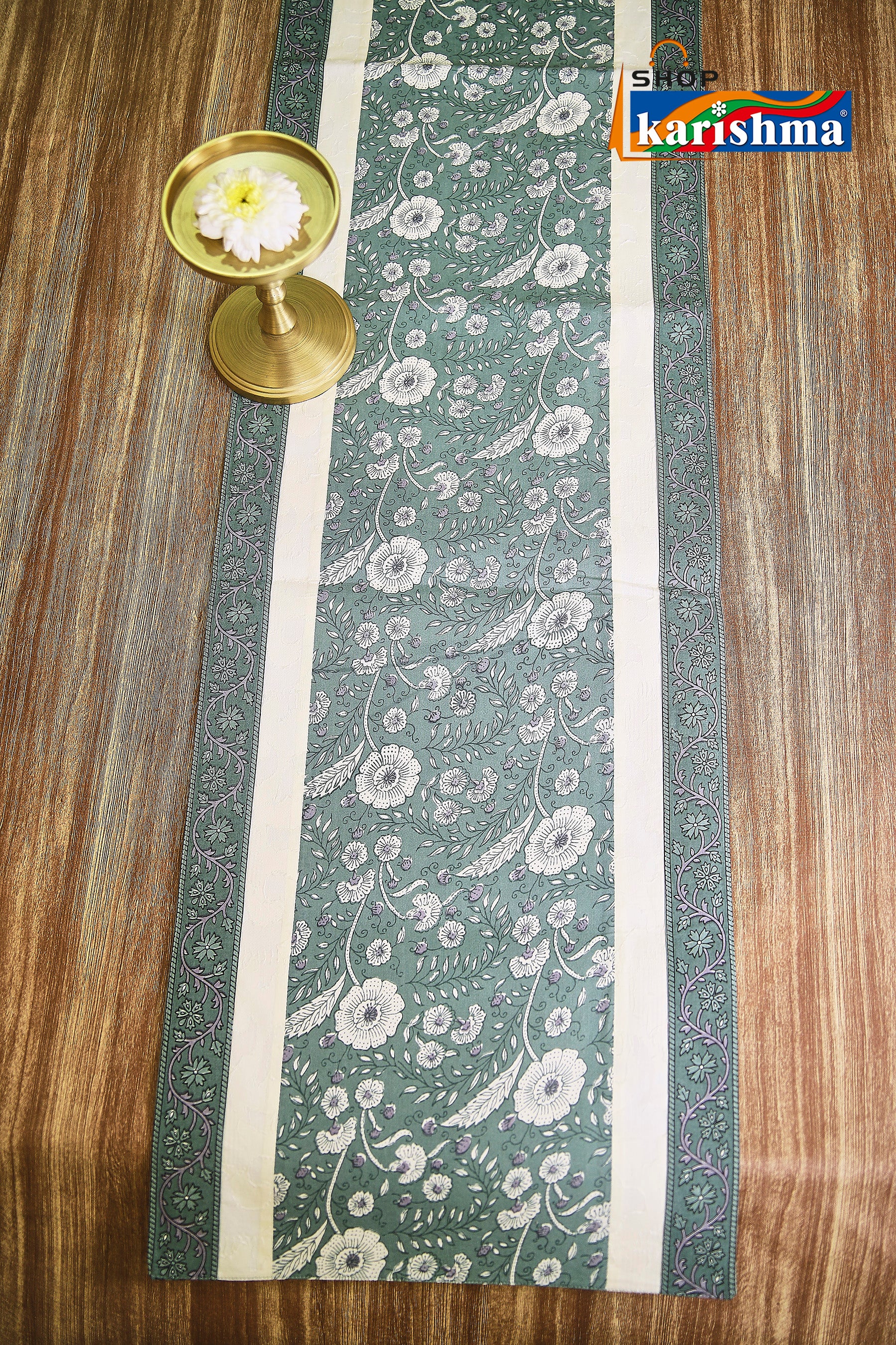 Olive Green Floral Block Print Design Pure Cotton Table Linen Set