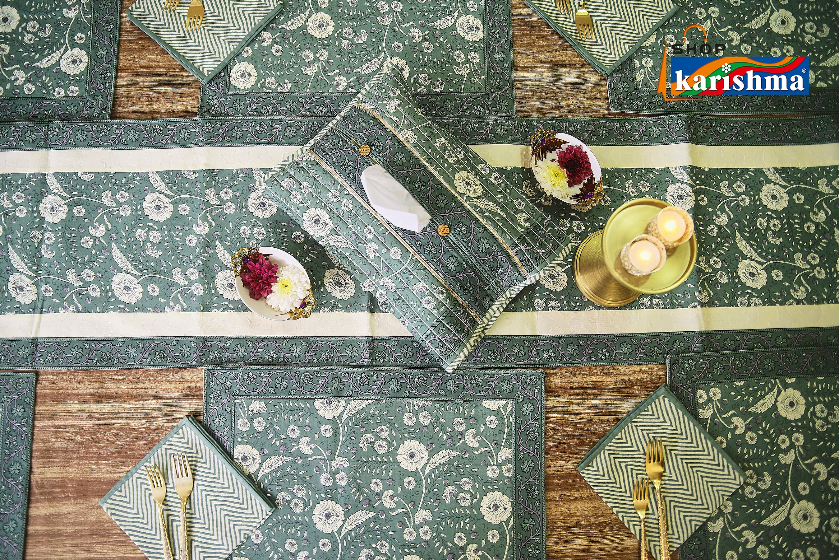 Olive Green Floral Block Print Design Pure Cotton Table Linen Set