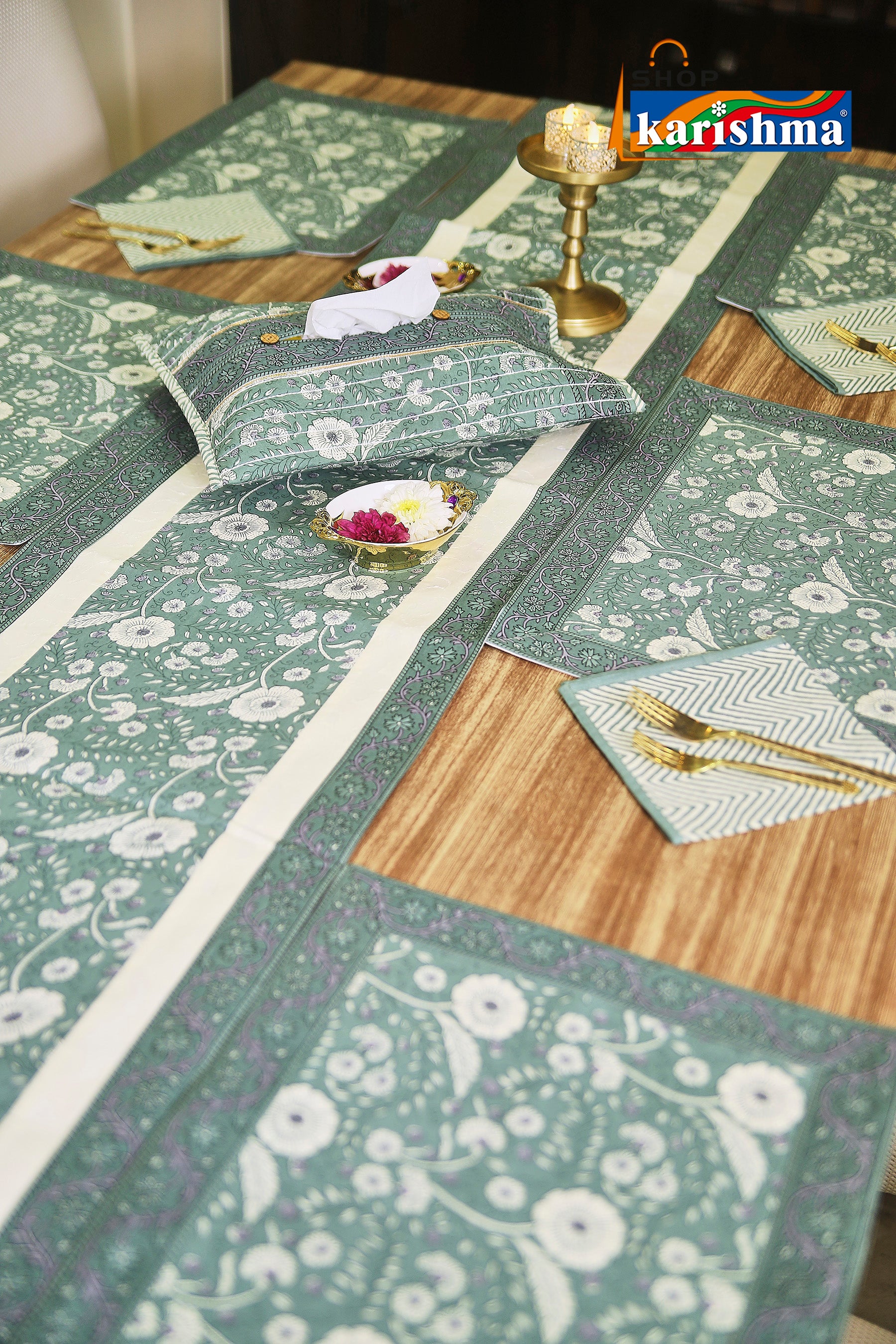 Olive Green Floral Block Print Design Pure Cotton Table Linen Set