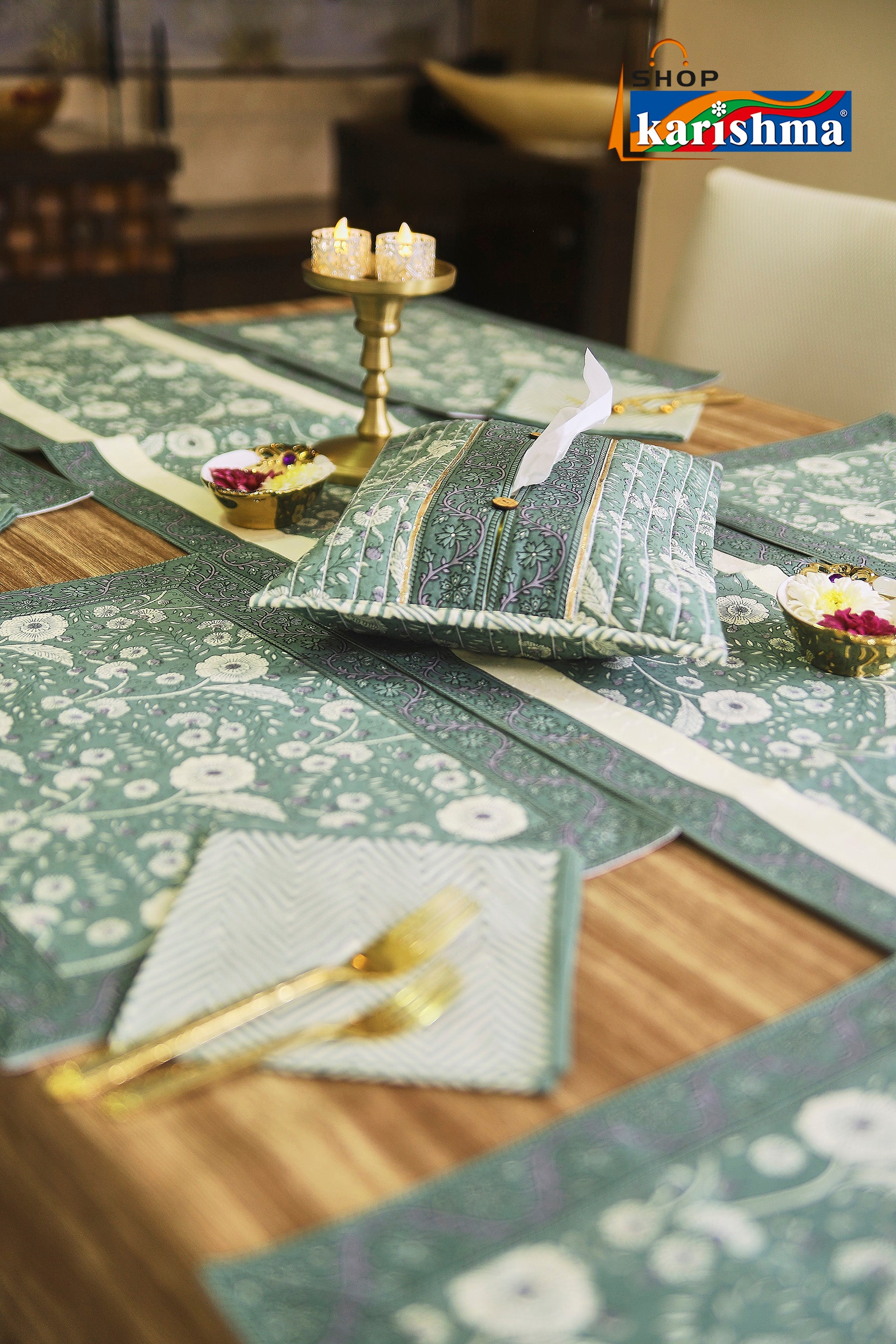 Olive Green Floral Block Print Design Pure Cotton Table Linen Set