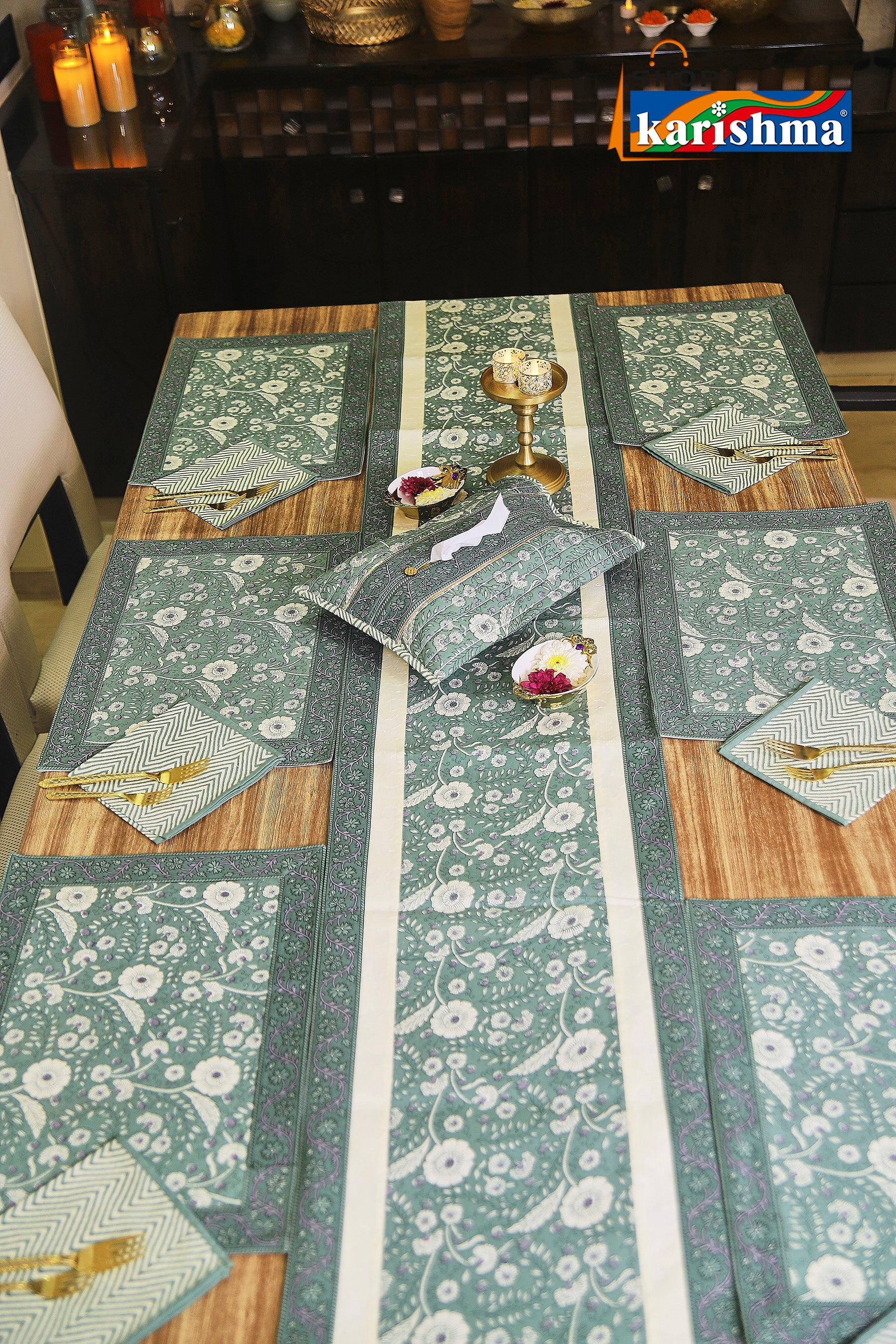 Olive Green Floral Block Print Design Pure Cotton Table Linen Set