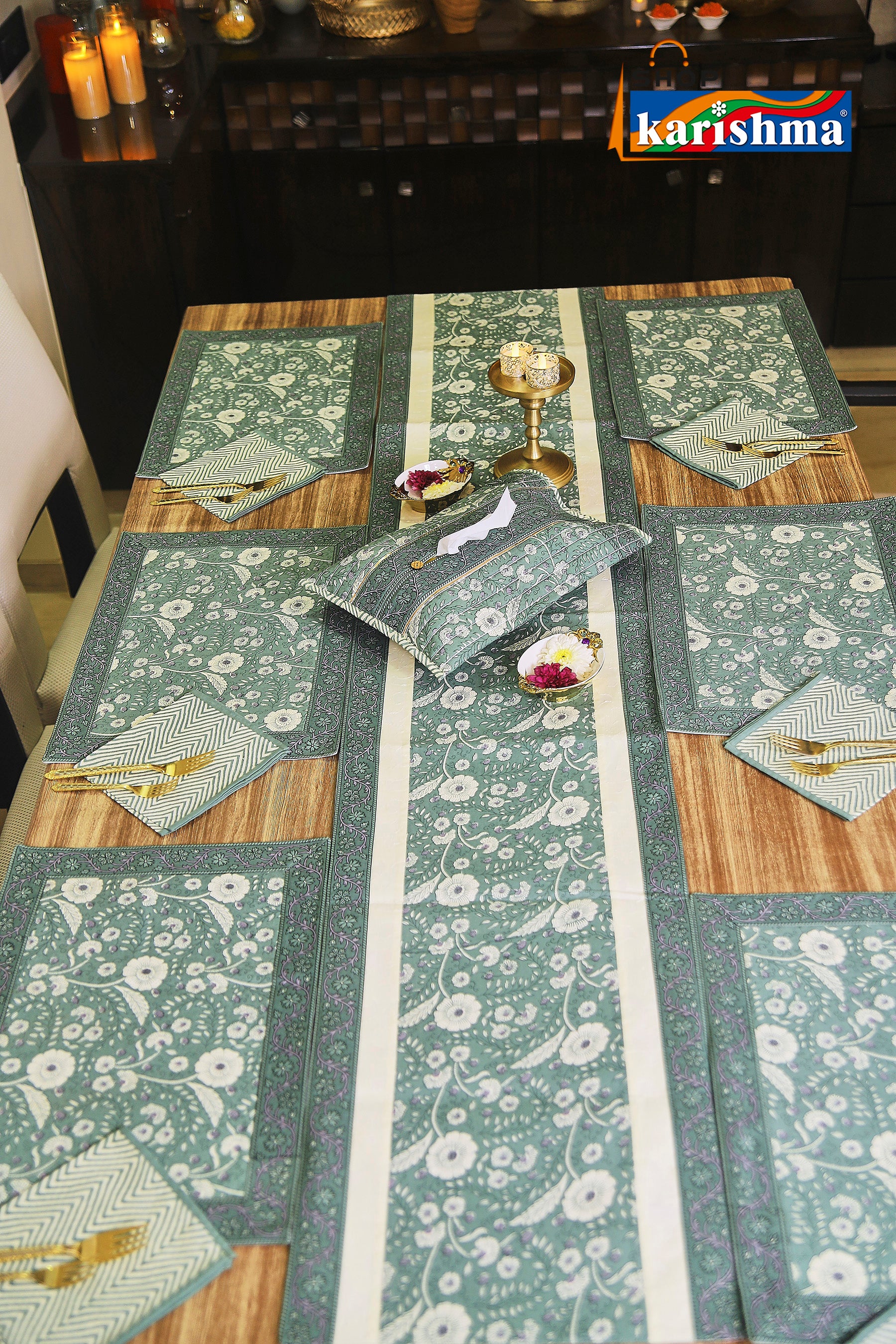 Olive Green Floral Block Print Design Pure Cotton Table Linen Set