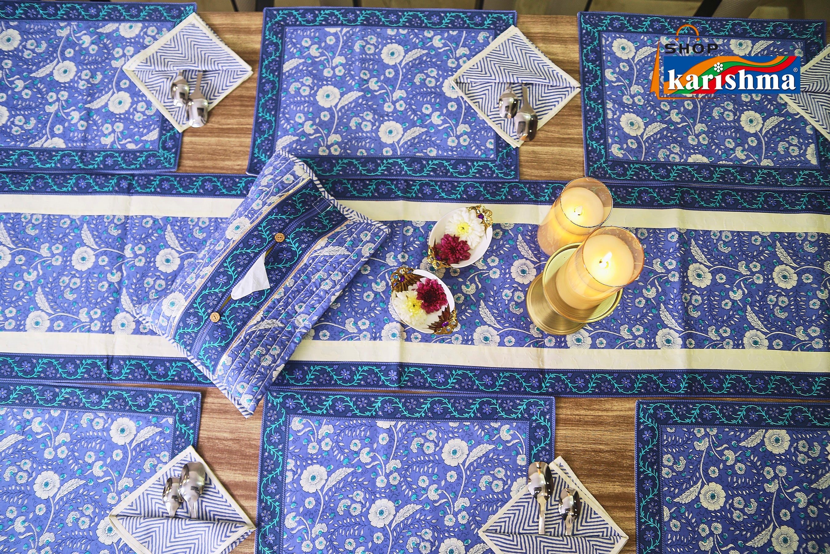 Navy Blue Floral Block Print Design Pure Cotton Table Linen Set