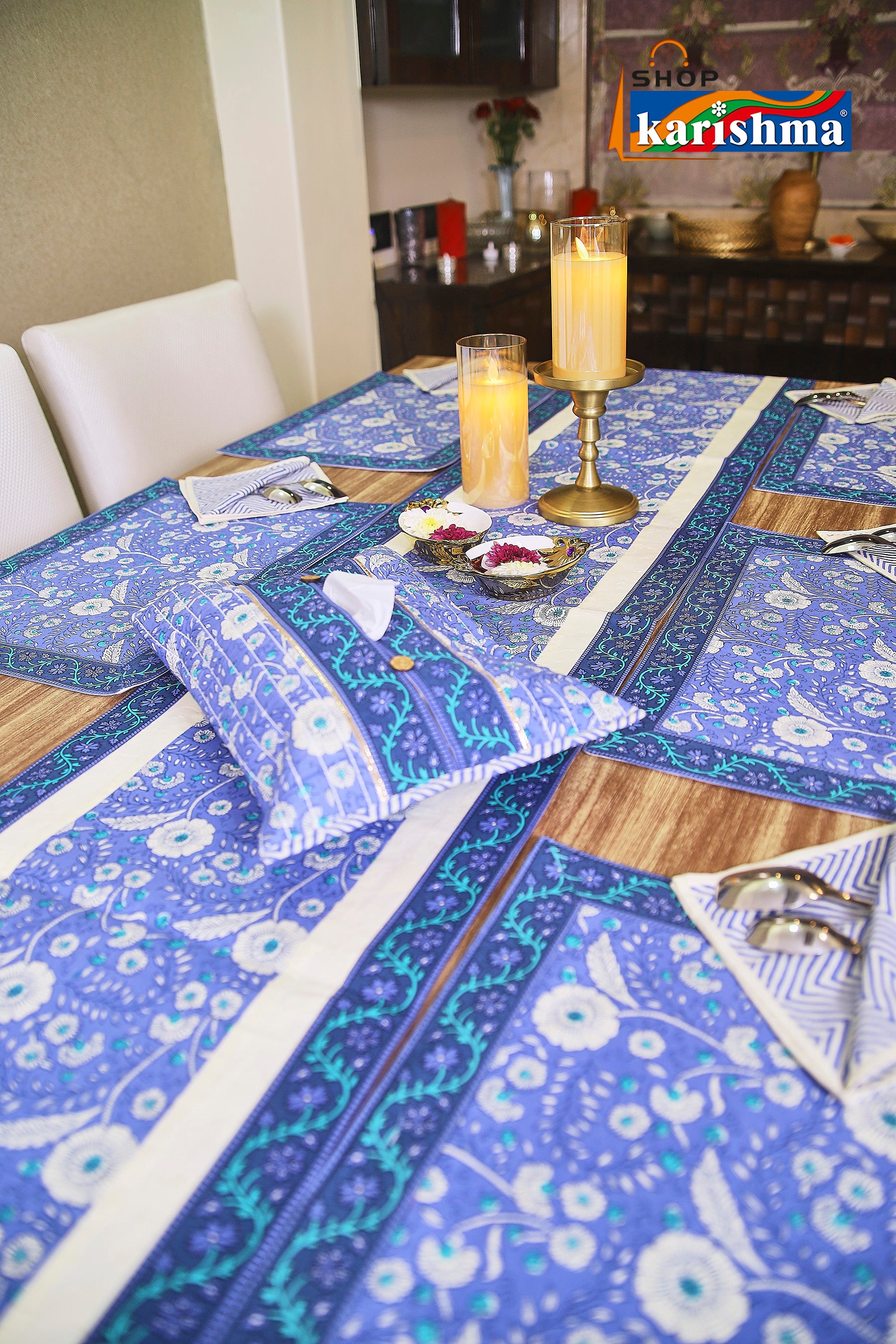 Navy Blue Floral Block Print Design Pure Cotton Table Linen Set