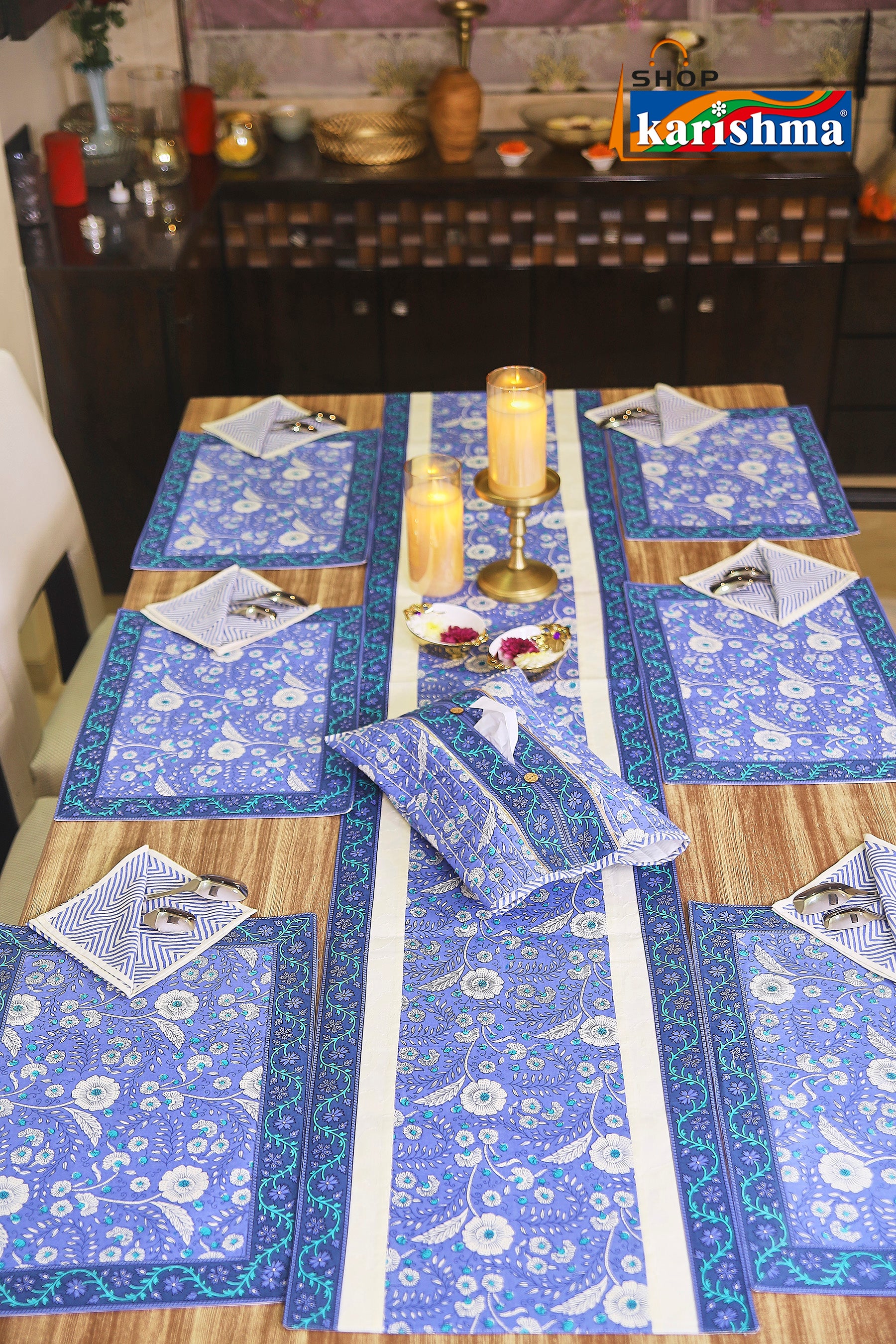 Navy Blue Floral Block Print Design Pure Cotton Table Linen Set