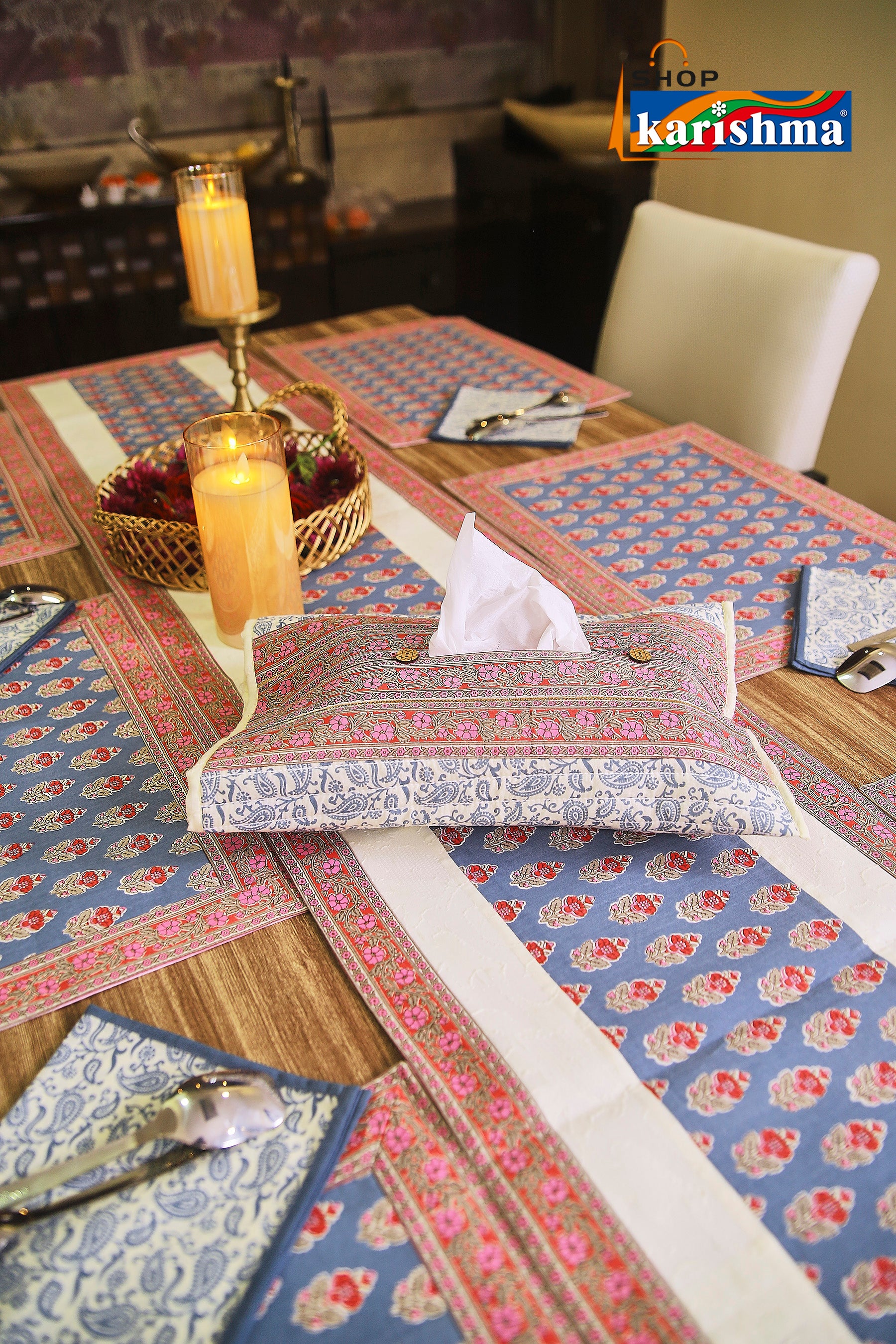 Grey & Pink Floral Block Print Design Pure Cotton Table Linen Set