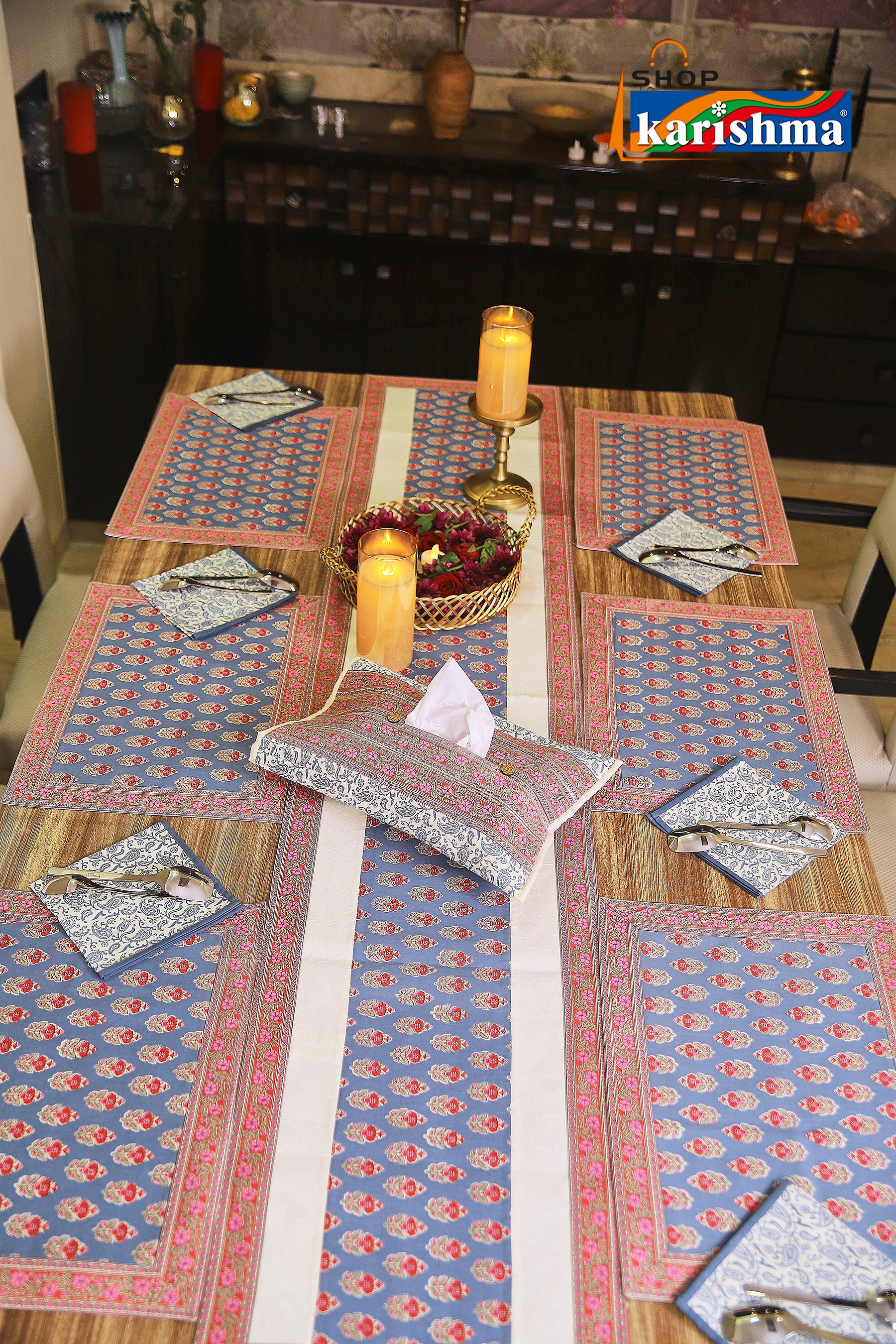 Grey & Pink Floral Block Print Design Pure Cotton Table Linen Set