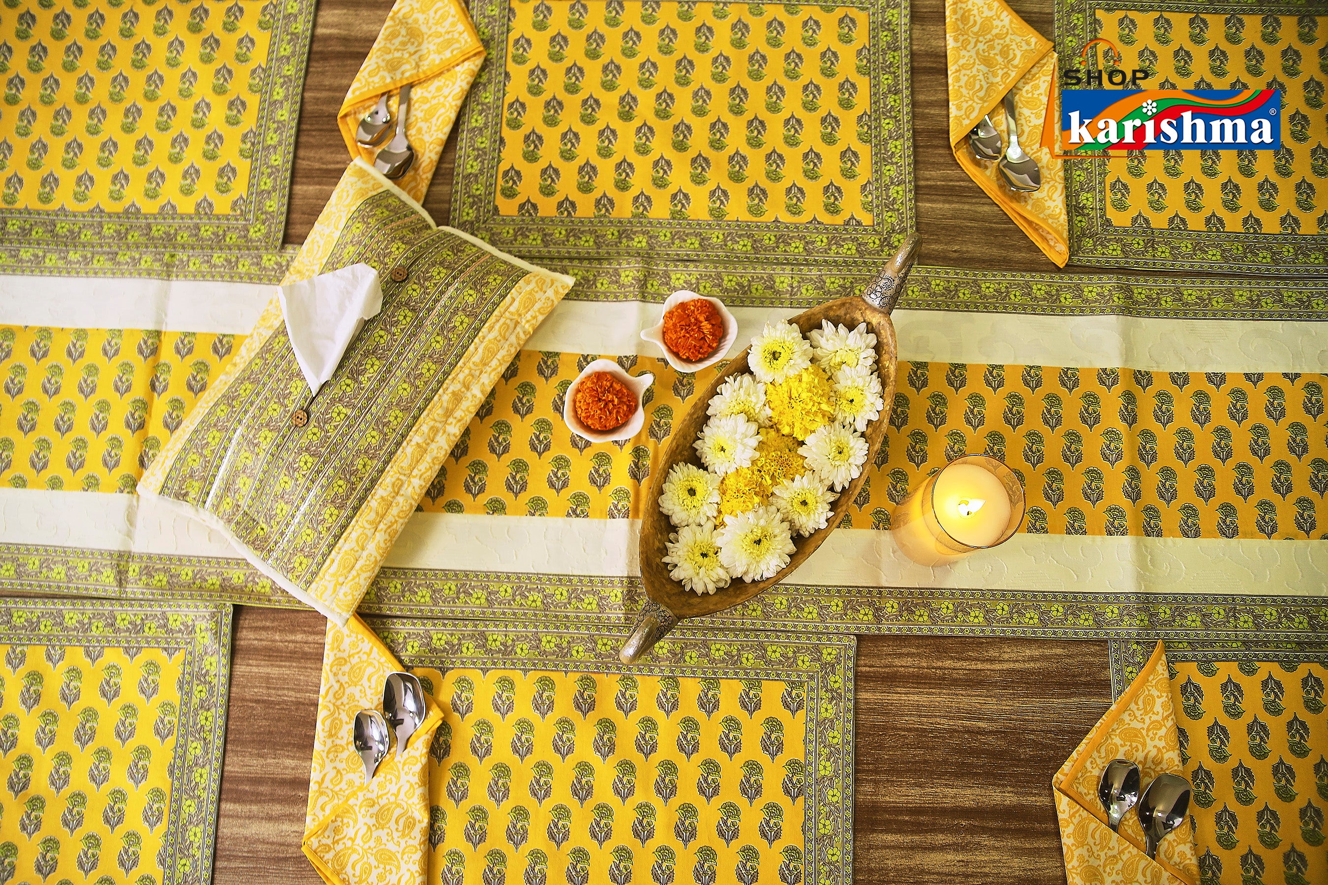 Yellow & Grey Floral Block Print Design Pure Cotton Table Linen Set