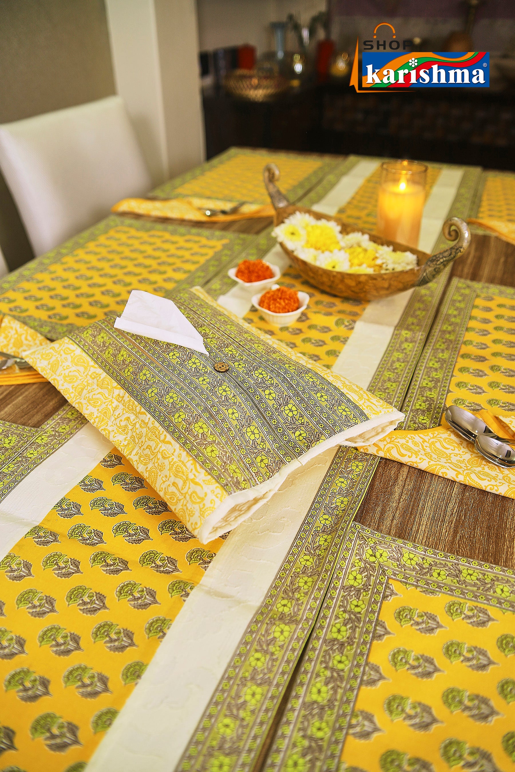 Yellow & Grey Floral Block Print Design Pure Cotton Table Linen Set