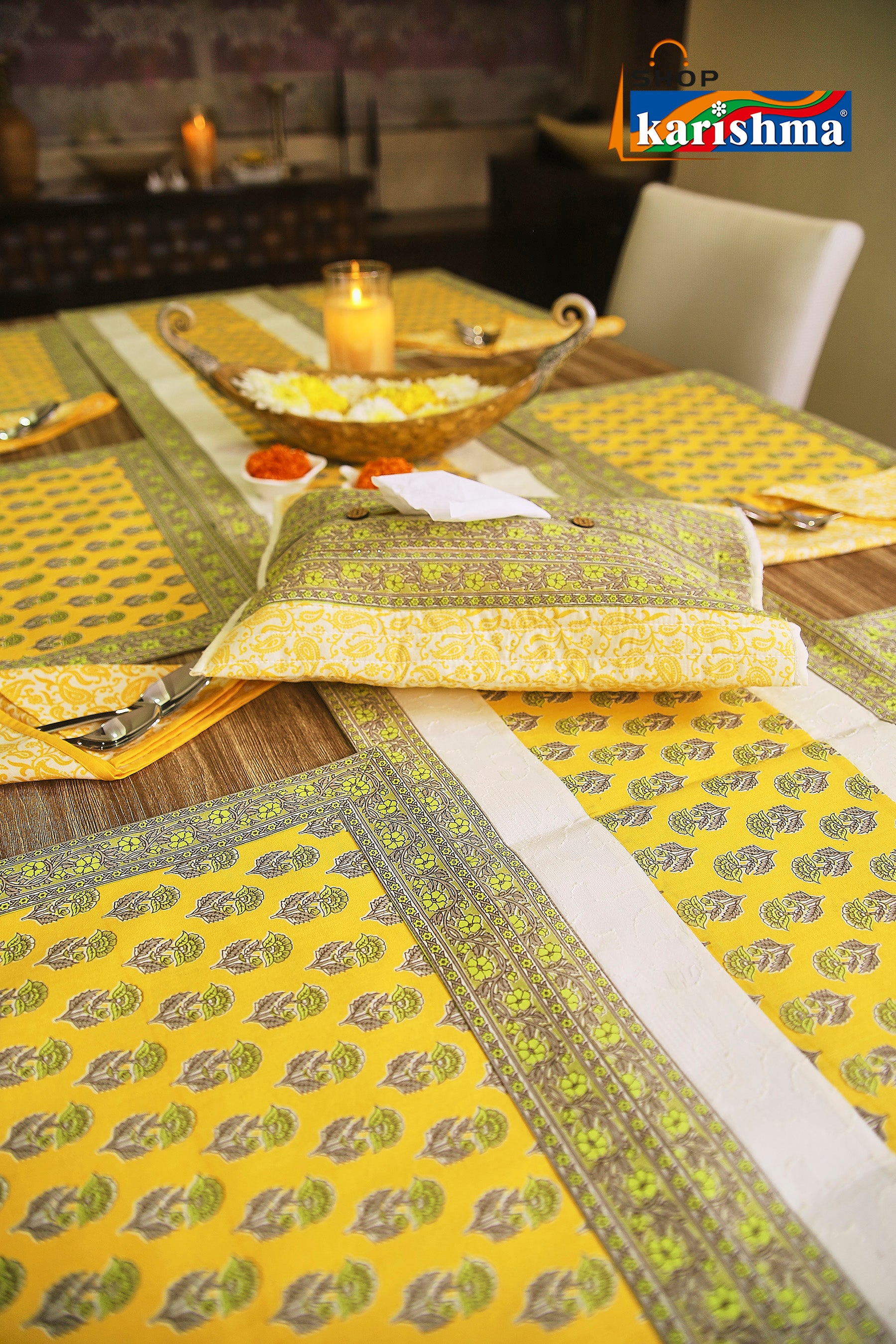 Yellow & Grey Floral Block Print Design Pure Cotton Table Linen Set