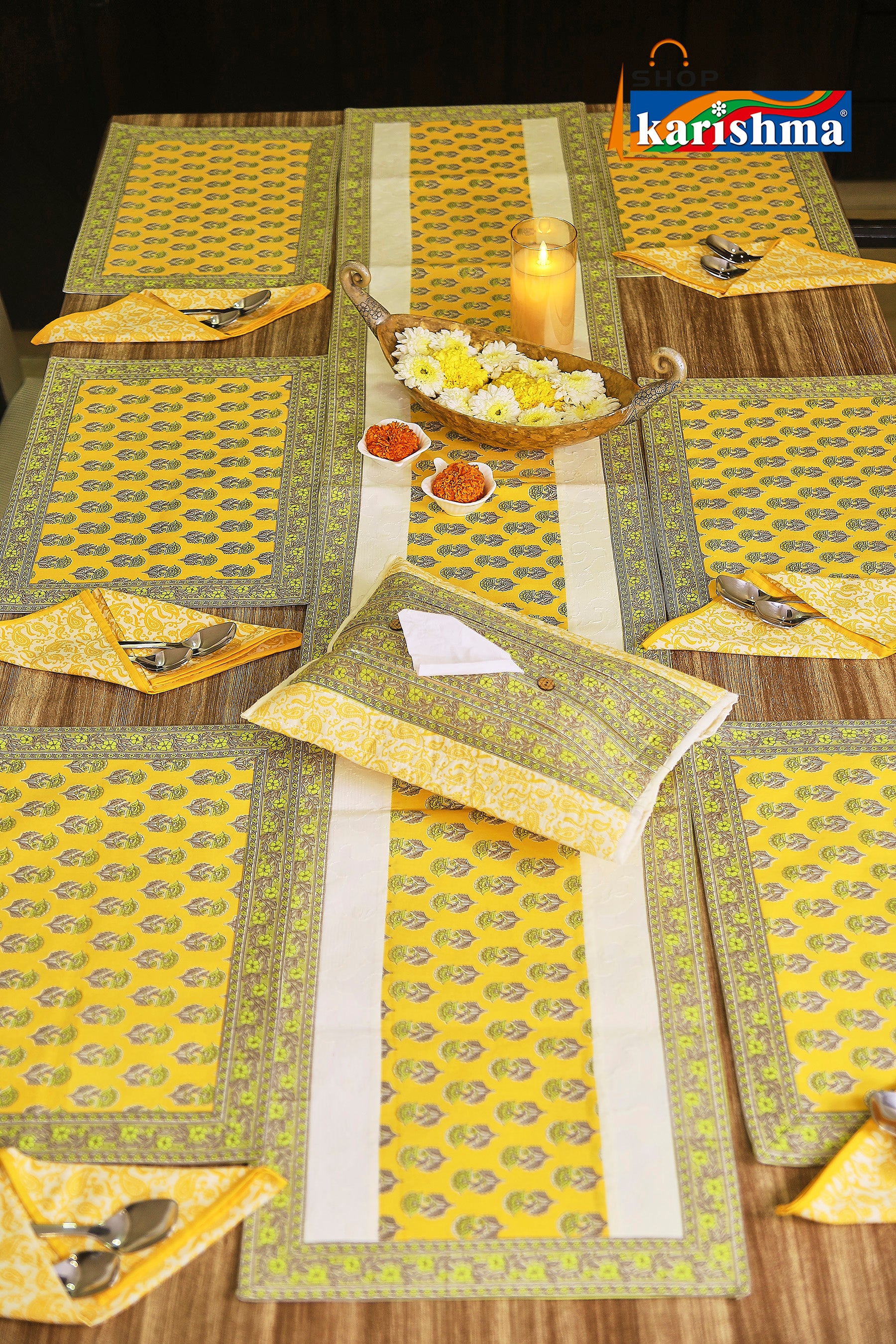 Yellow & Grey Floral Block Print Design Pure Cotton Table Linen Set