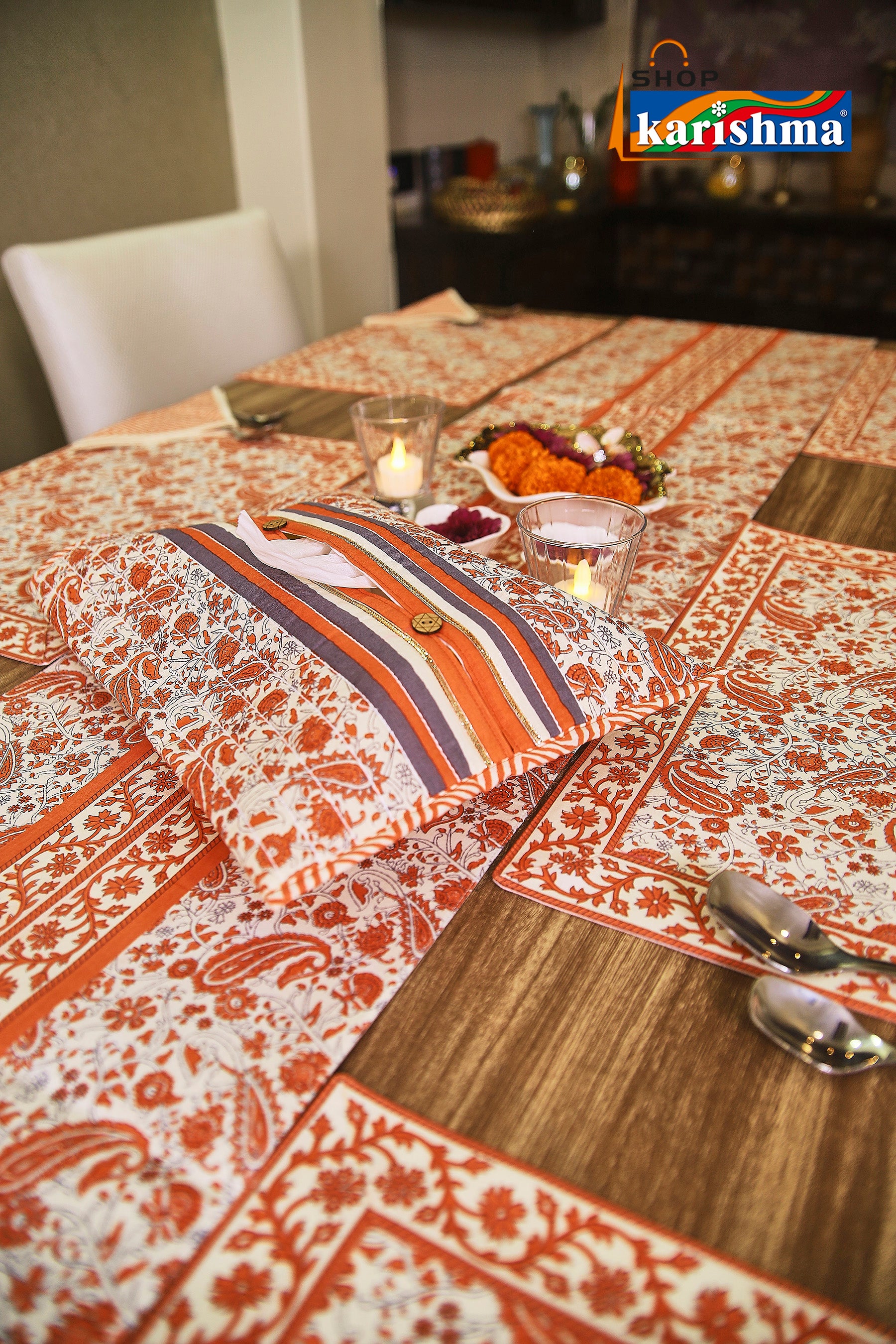 Peach Paisley Block Print Design Pure Cotton Table Linen Set