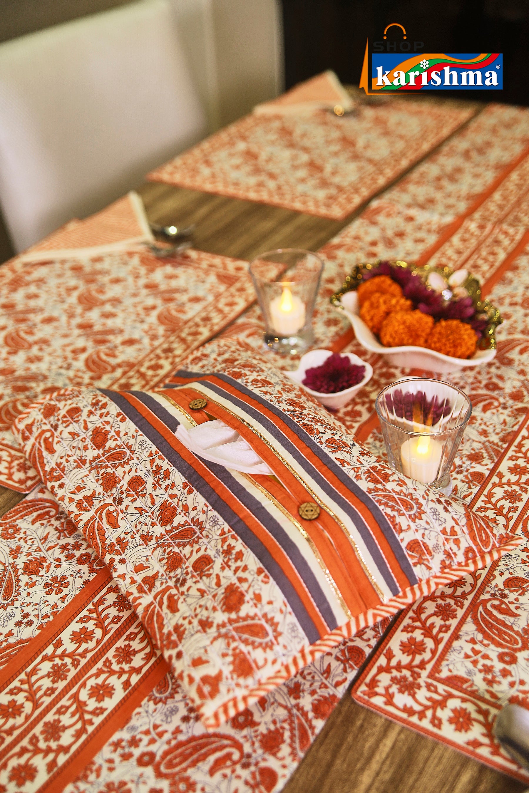 Peach Paisley Block Print Design Pure Cotton Table Linen Set