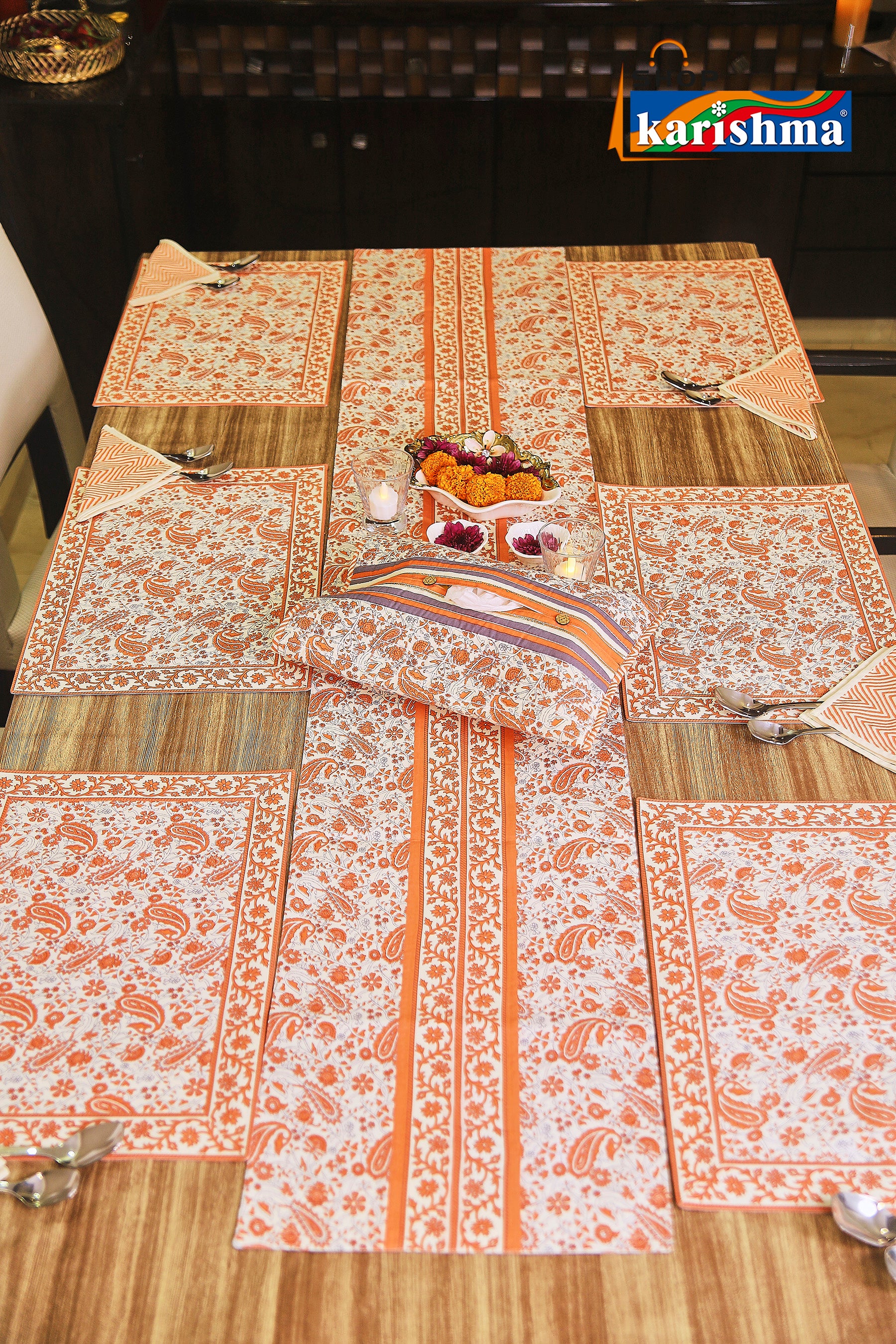 Peach Paisley Block Print Design Pure Cotton Table Linen Set