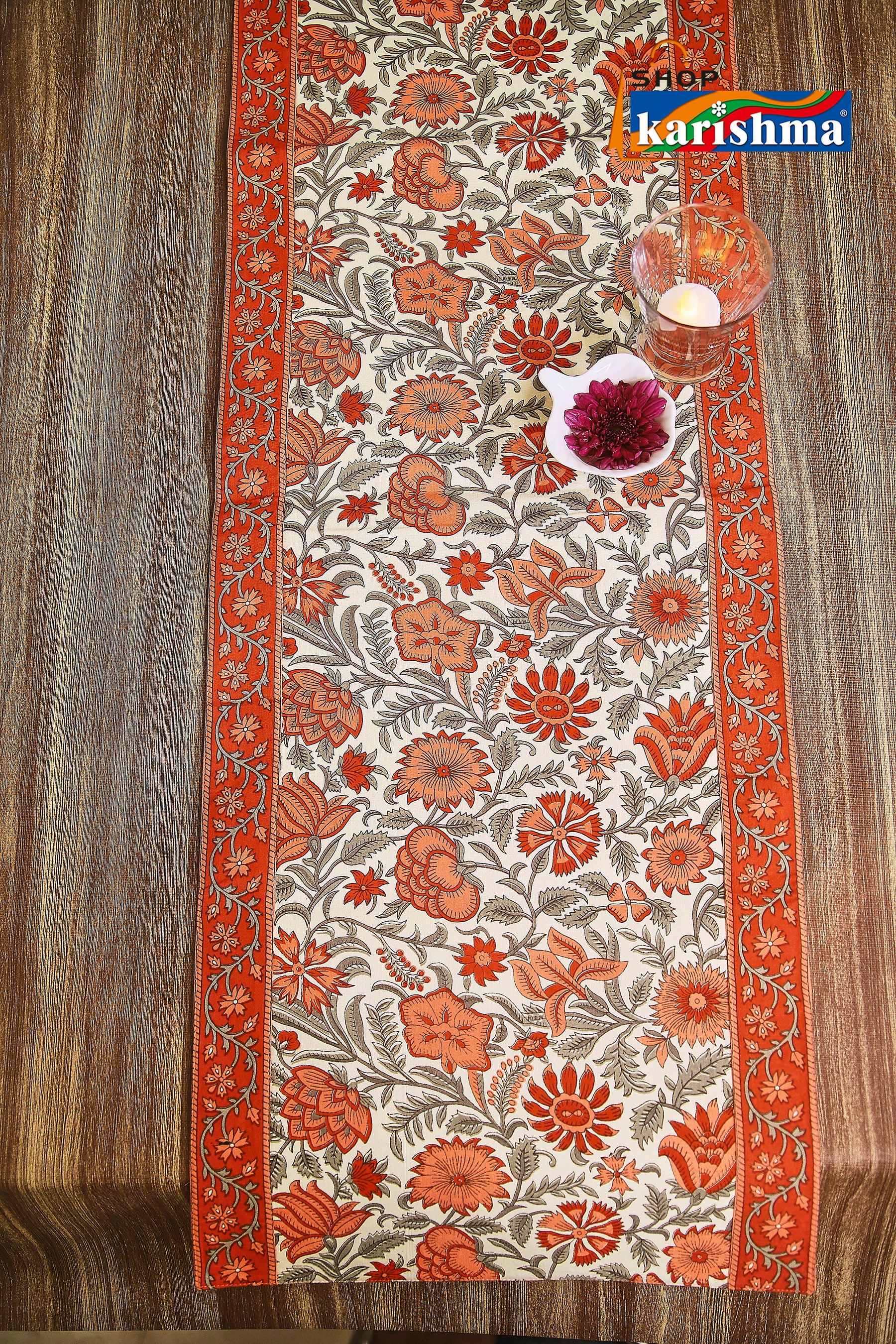 Orange & White Floral Block Print Design Pure Cotton Table Linen Set