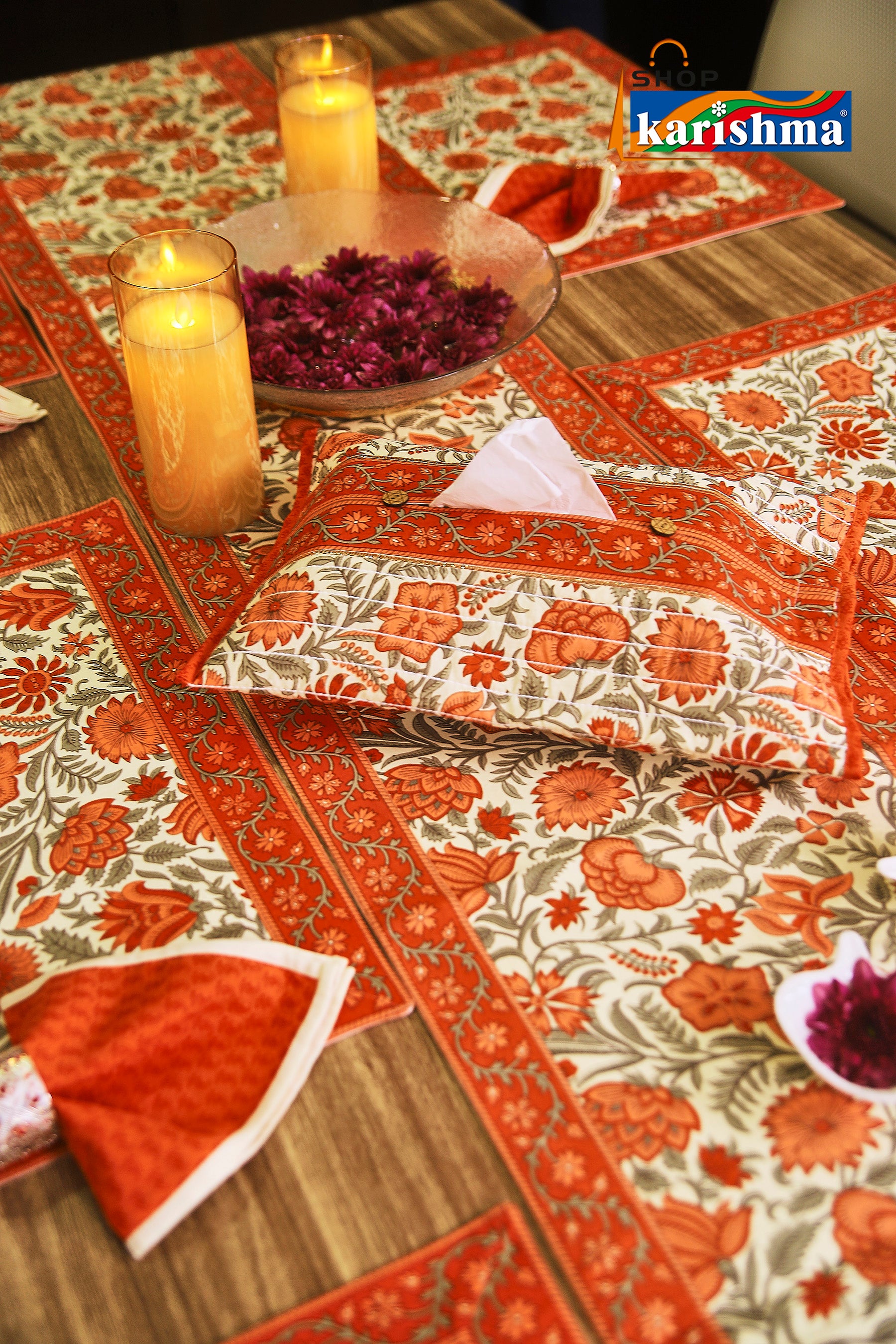 Orange & White Floral Block Print Design Pure Cotton Table Linen Set