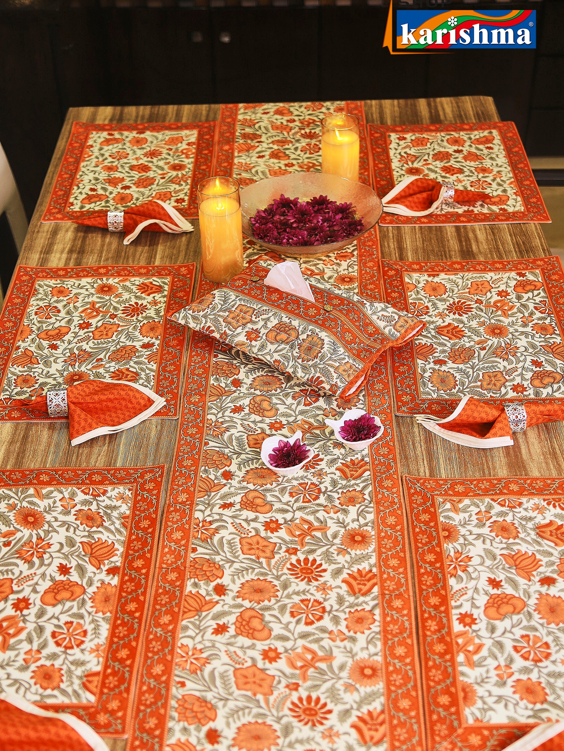 Orange & White Floral Block Print Design Pure Cotton Table Linen Set