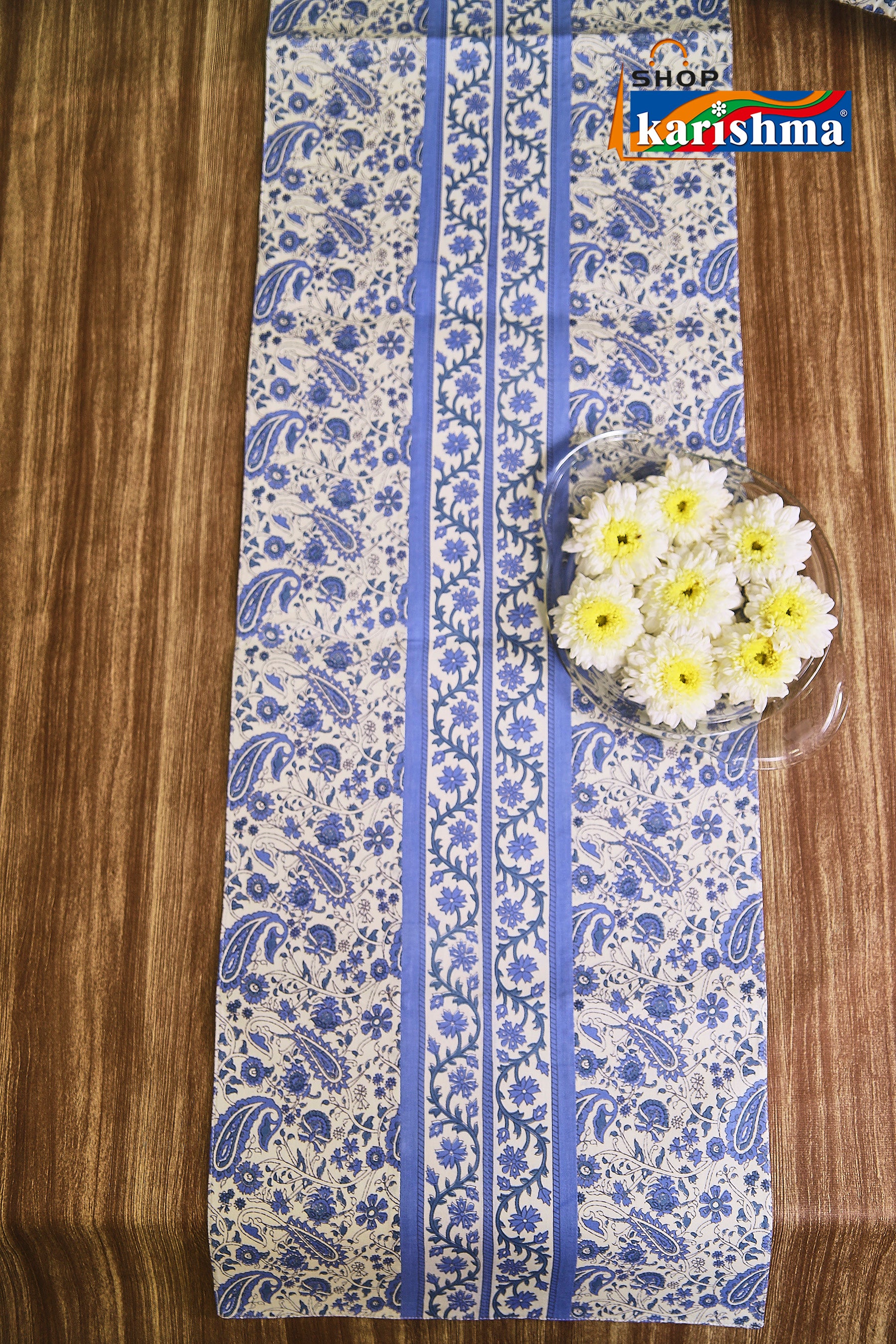 Blue Paisley Block Print Design Pure Cotton Table Linen Set