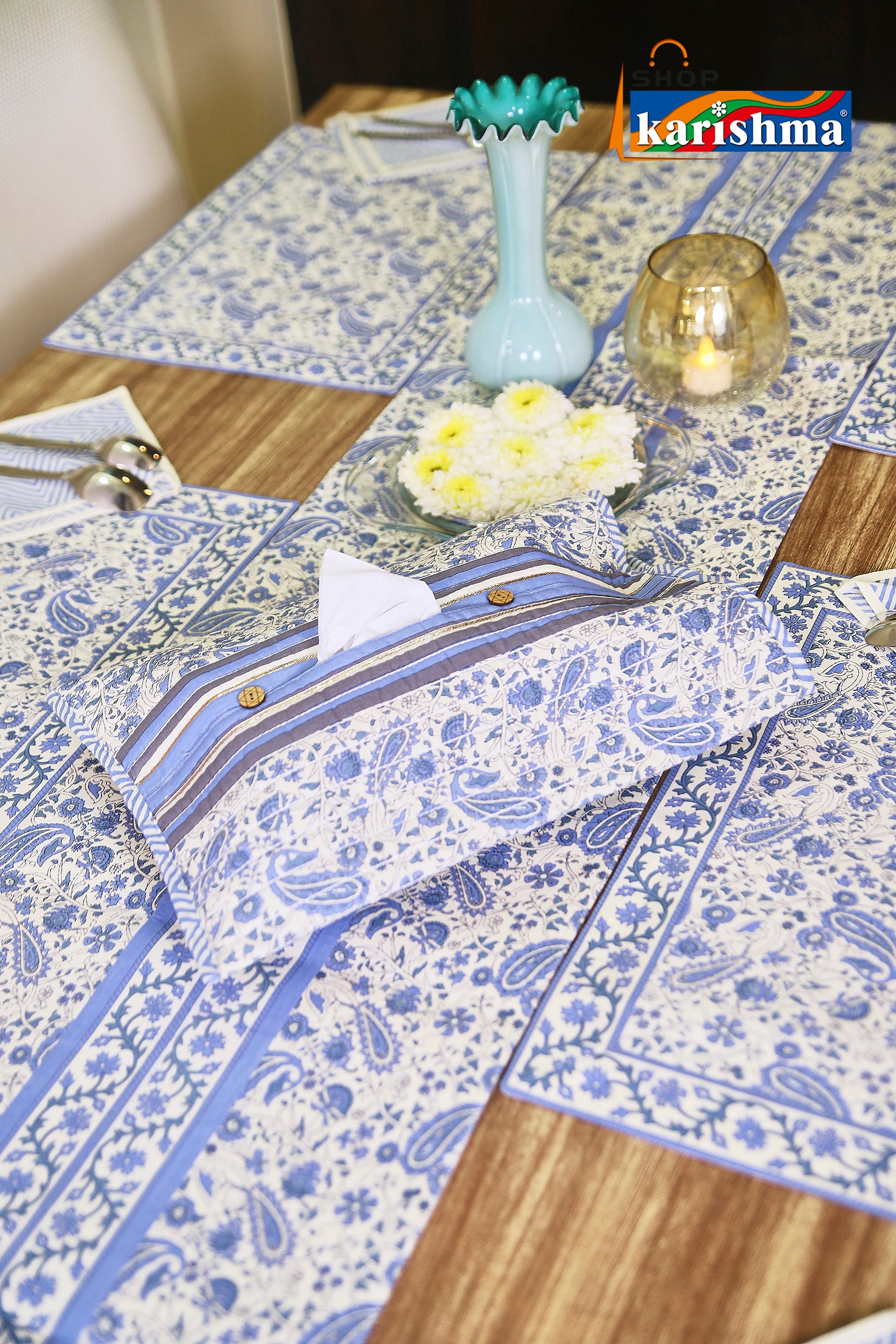 Blue Paisley Block Print Design Pure Cotton Table Linen Set