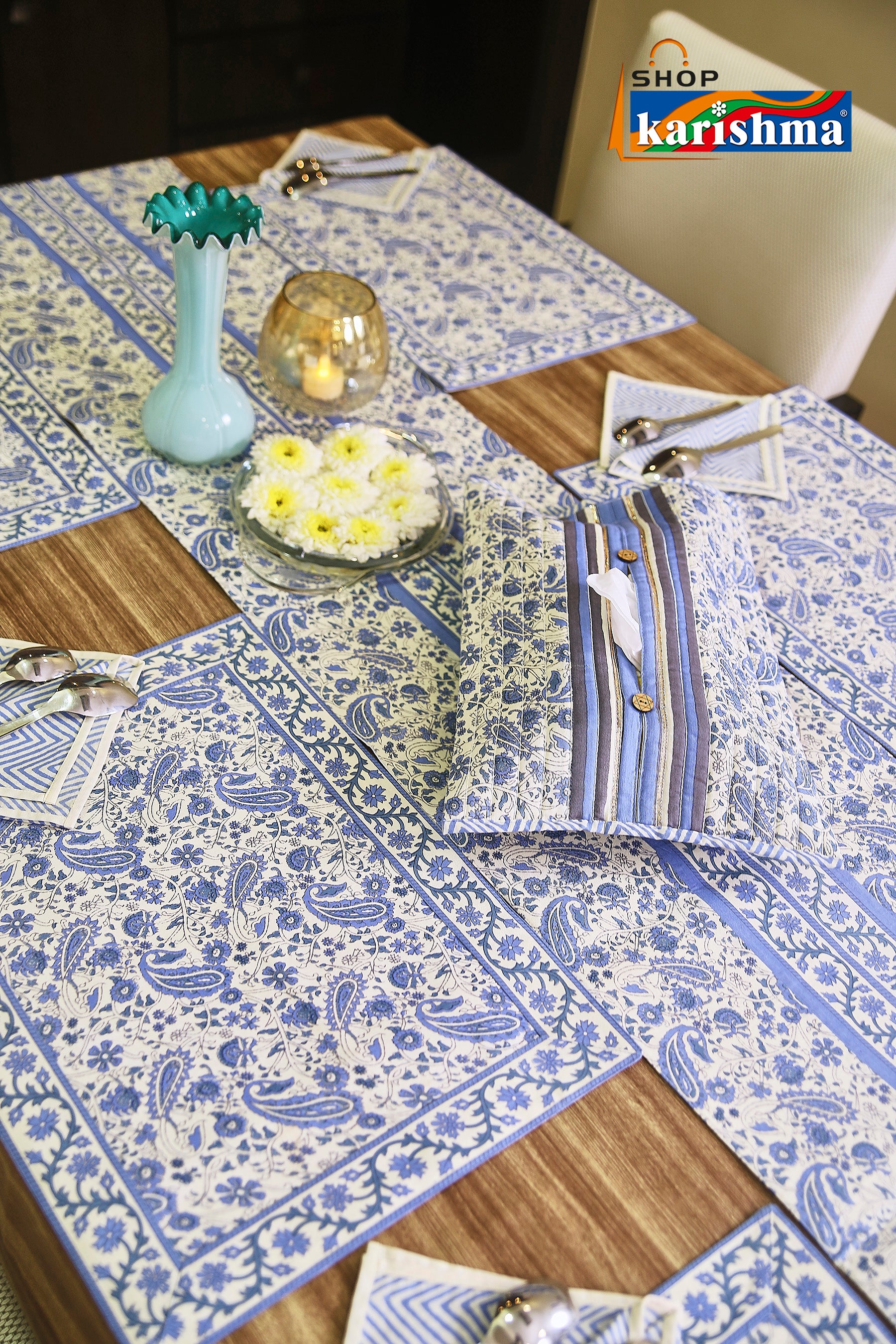 Blue Paisley Block Print Design Pure Cotton Table Linen Set