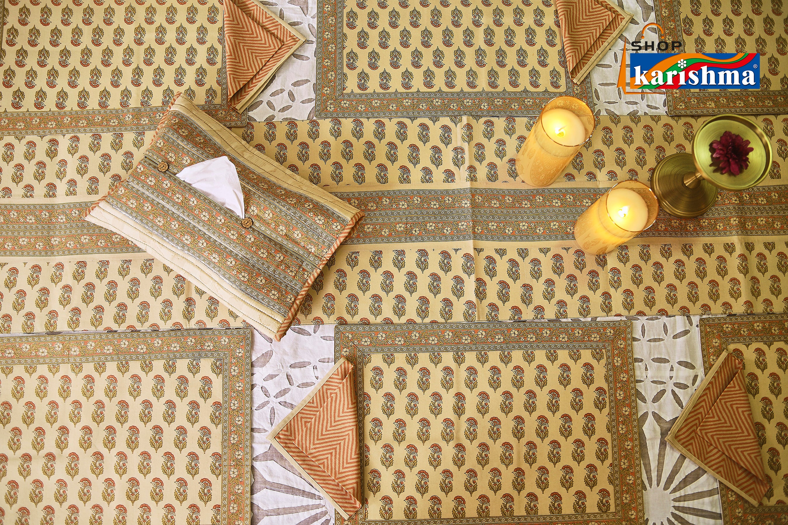 Beige & Peach Floral Block Print Design Pure Cotton Table Linen Set