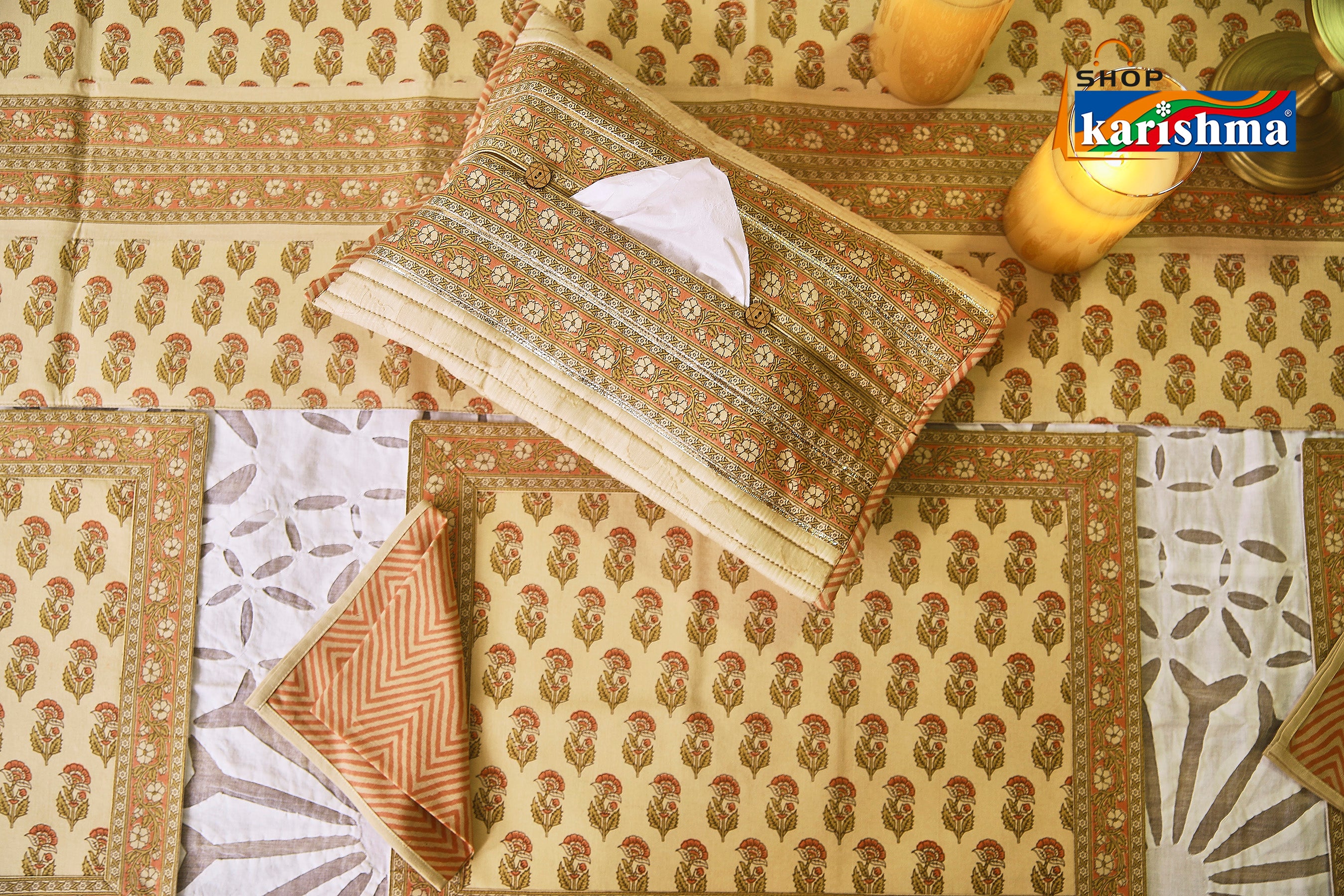 Beige & Peach Floral Block Print Design Pure Cotton Table Linen Set