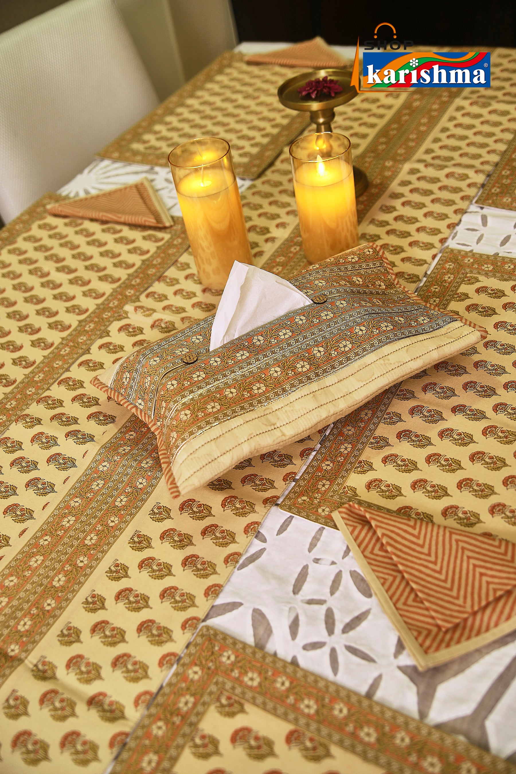 Beige & Peach Floral Block Print Design Pure Cotton Table Linen Set