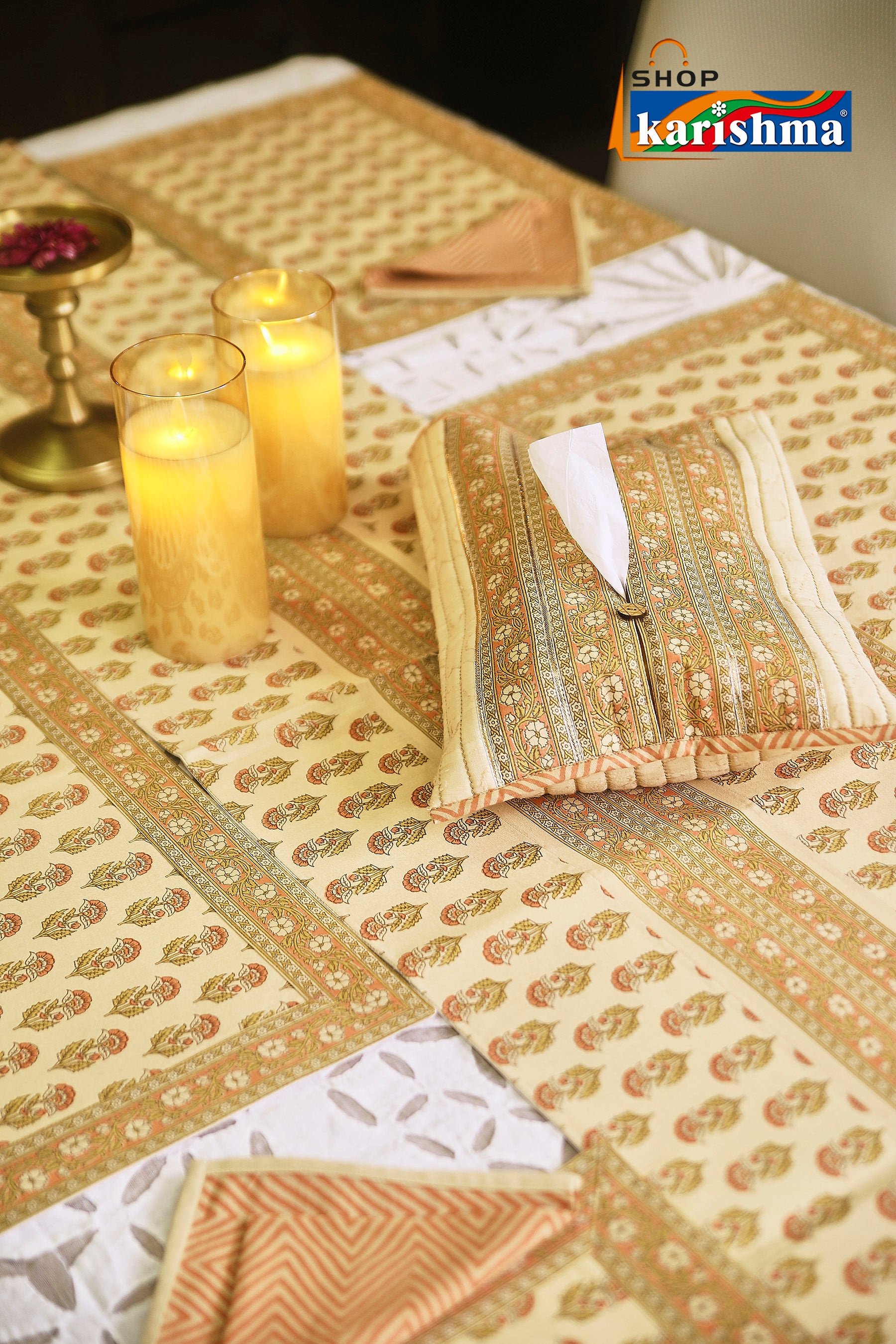 Beige & Peach Floral Block Print Design Pure Cotton Table Linen Set