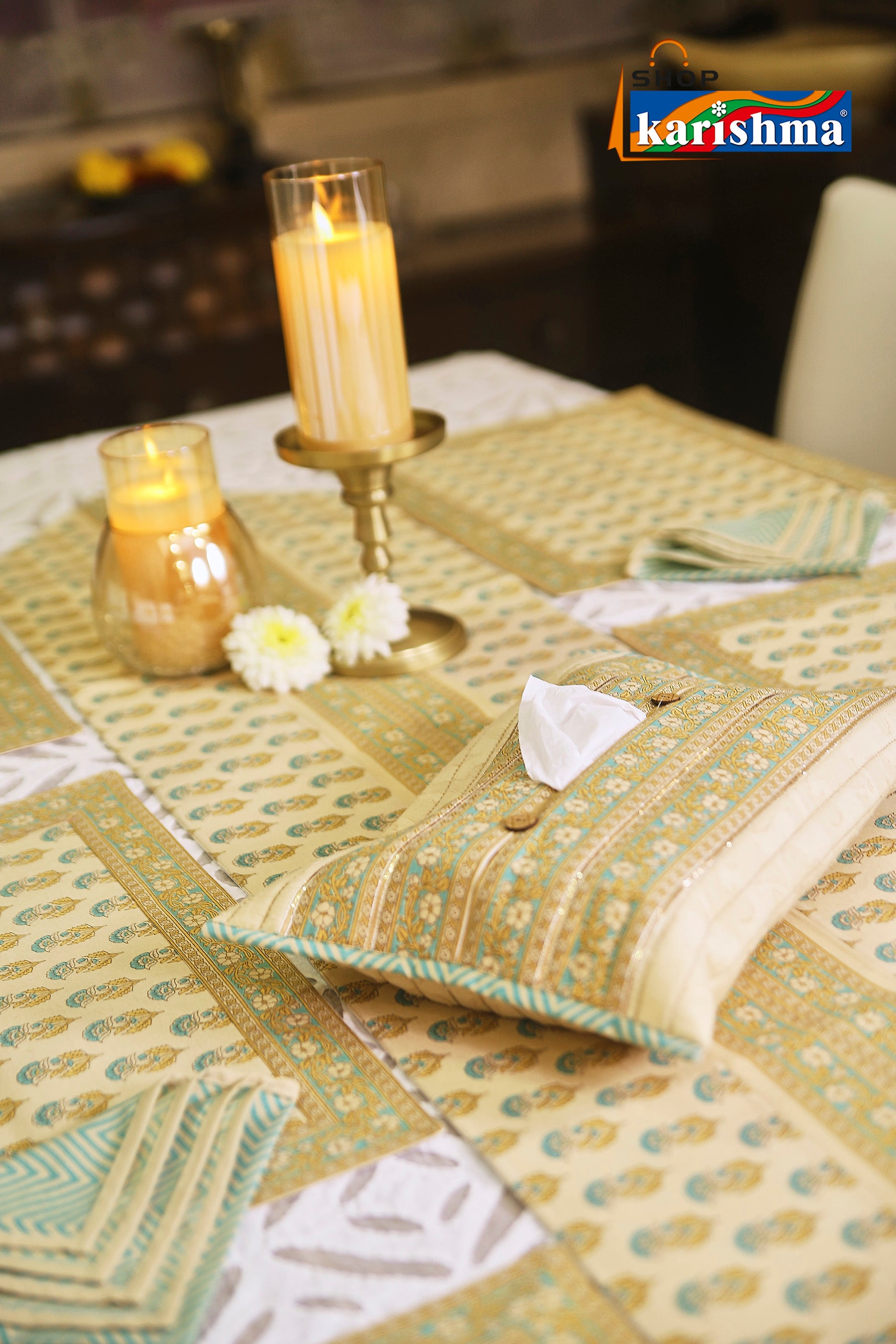 Beige & Blue Floral Block Print Design Pure Cotton Table Linen Set