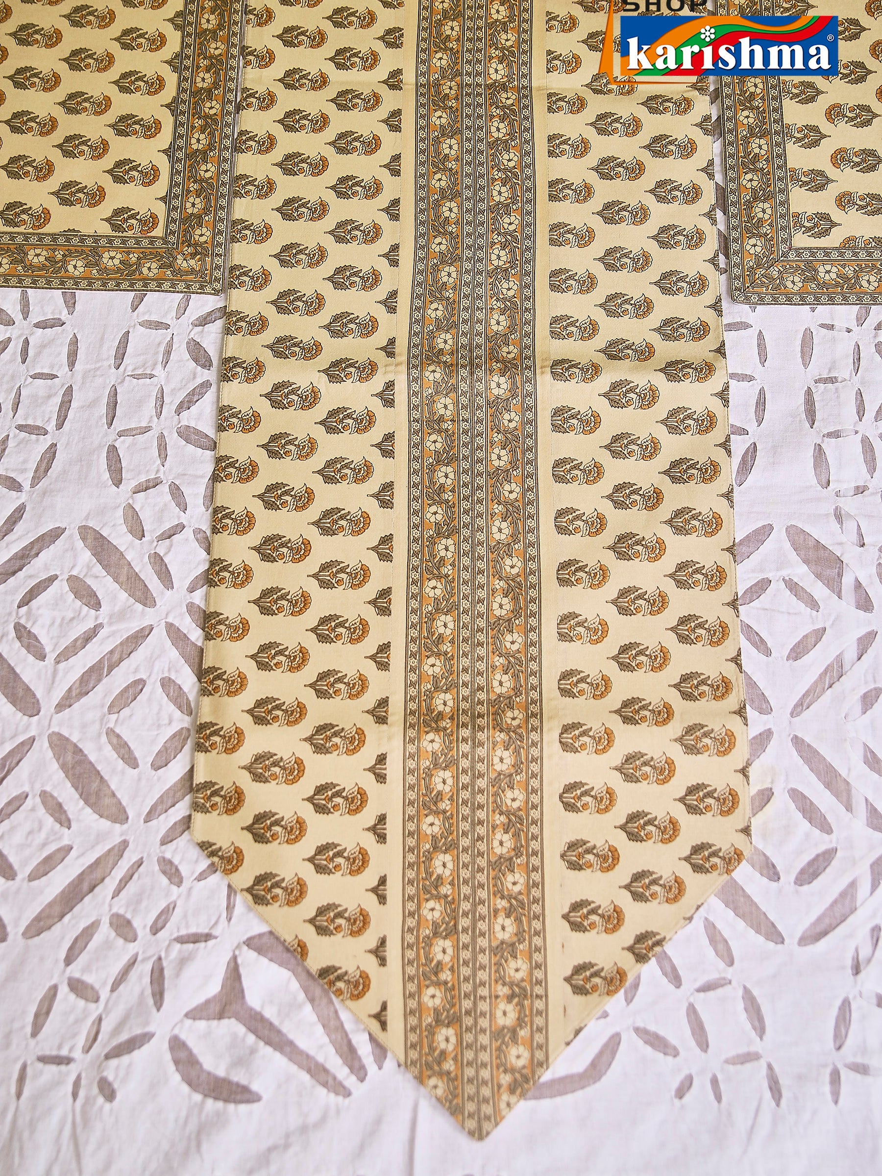 Beige & Brown Floral Block Print Design Pure Cotton Table Linen Set